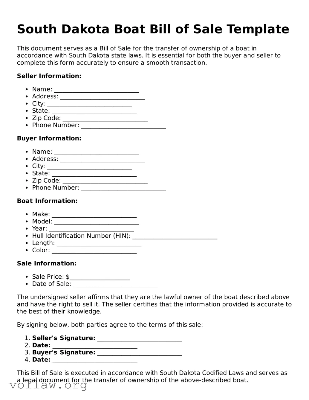 Attorney-Verified  Boat Bill of Sale Form for South Dakota