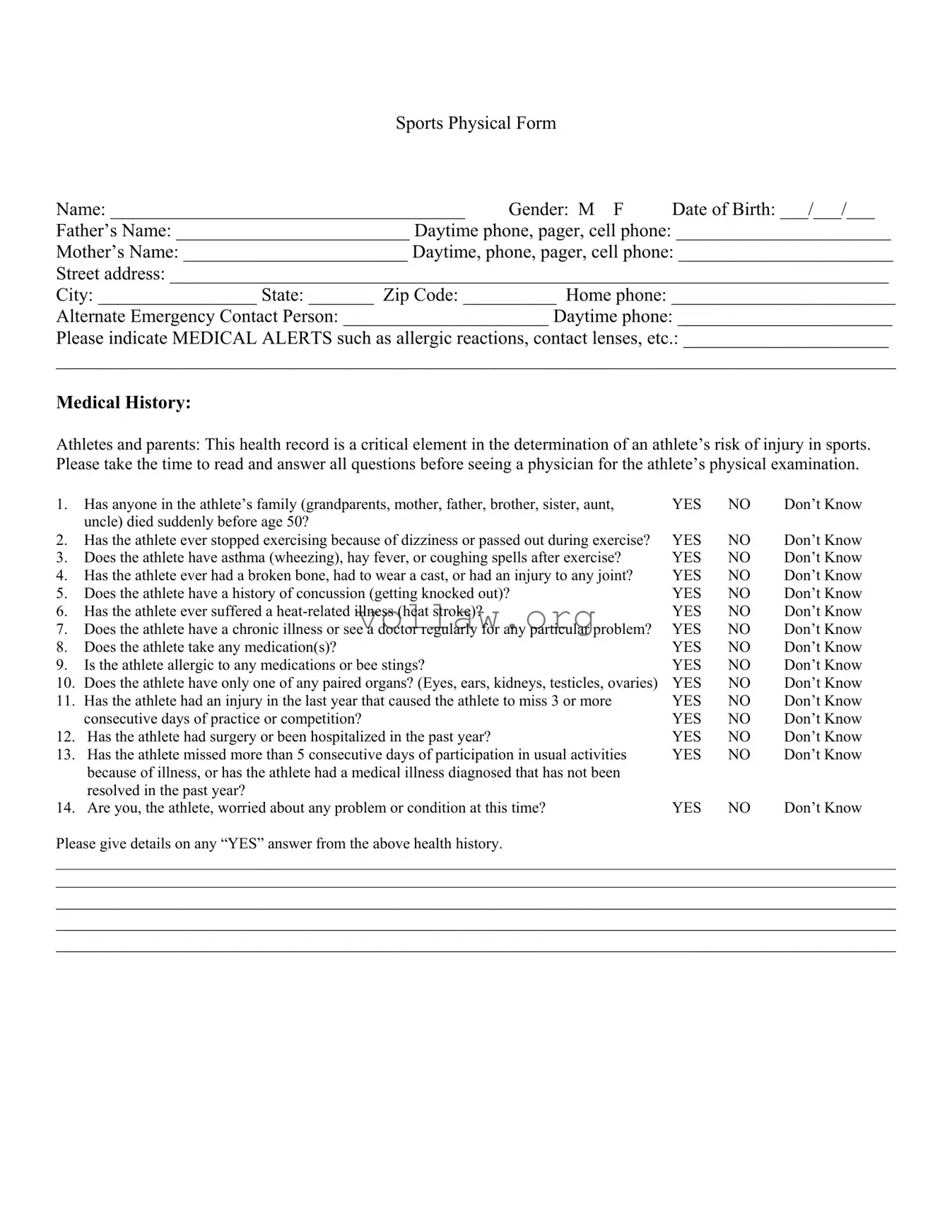 Sports Physical Template