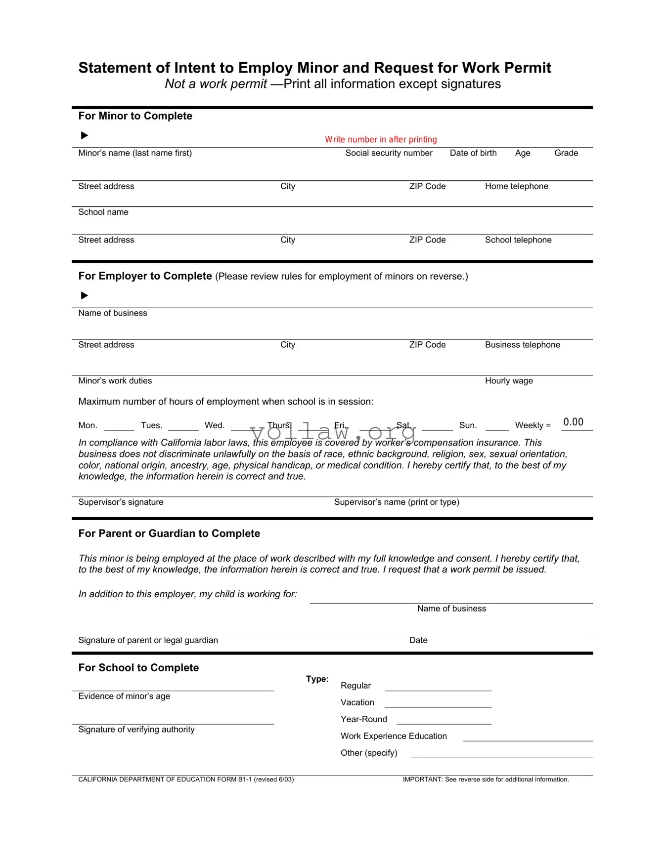Statement of Intent to Employ Minor and Request for Work Permit Template