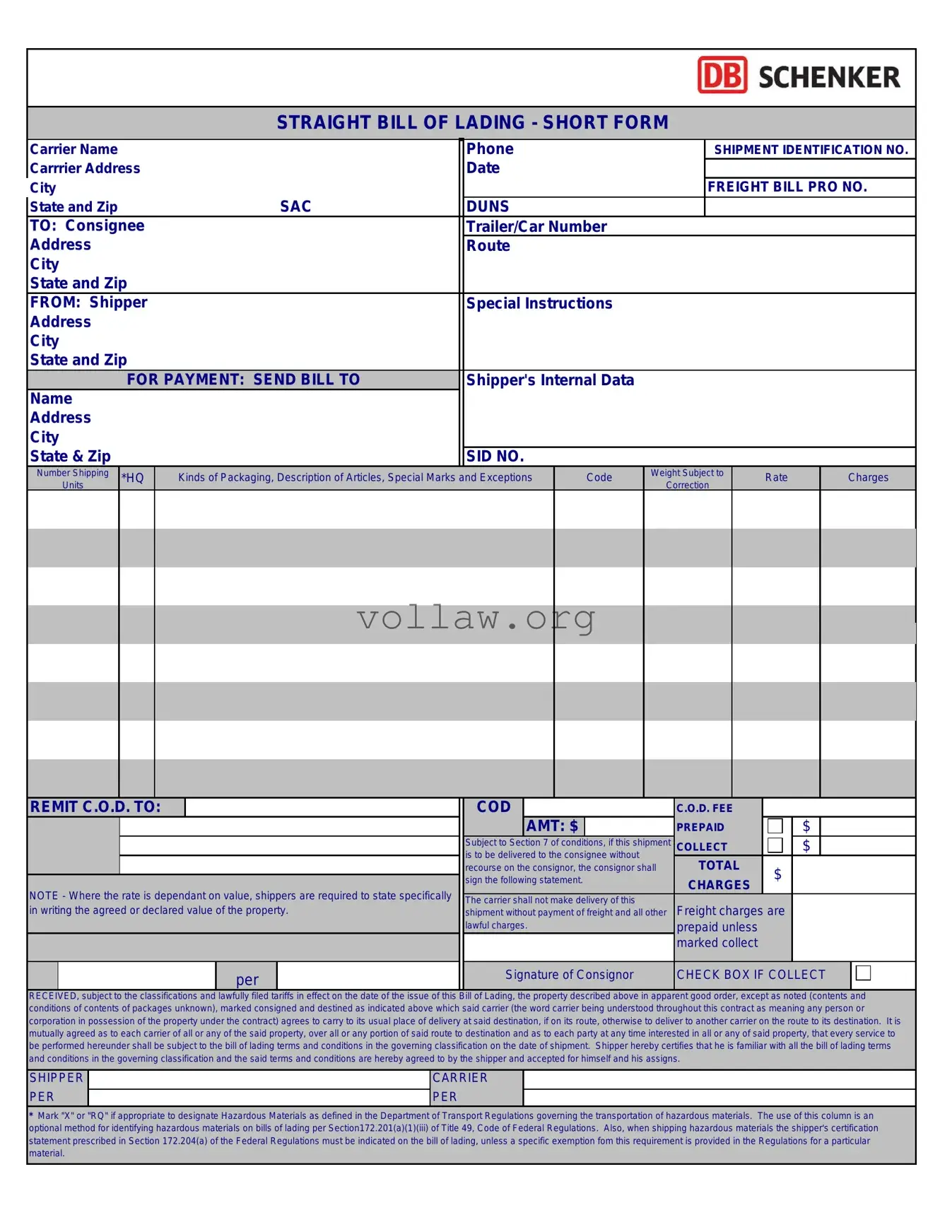 Straight Bill Of Lading Template