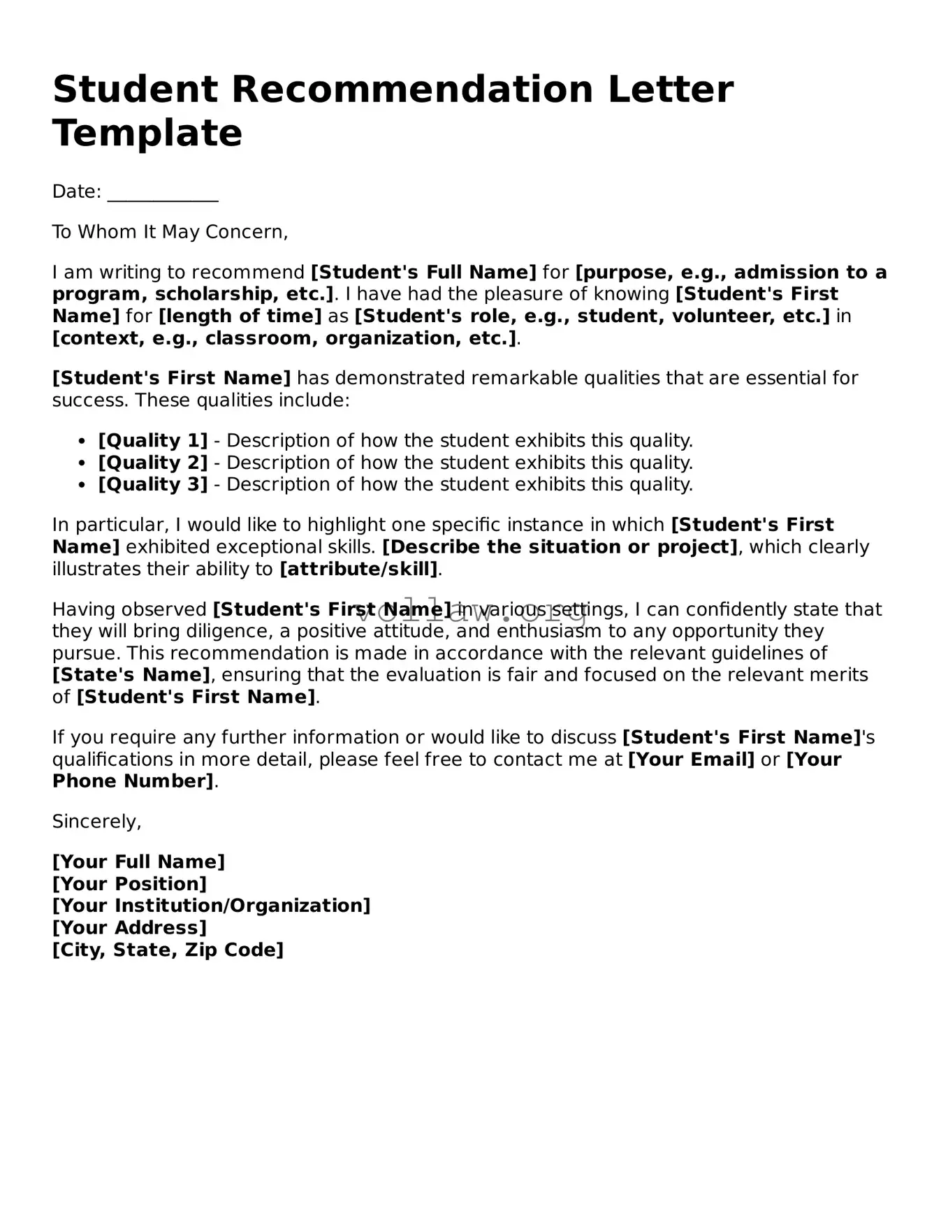 Free Student Recommendation Letter Form