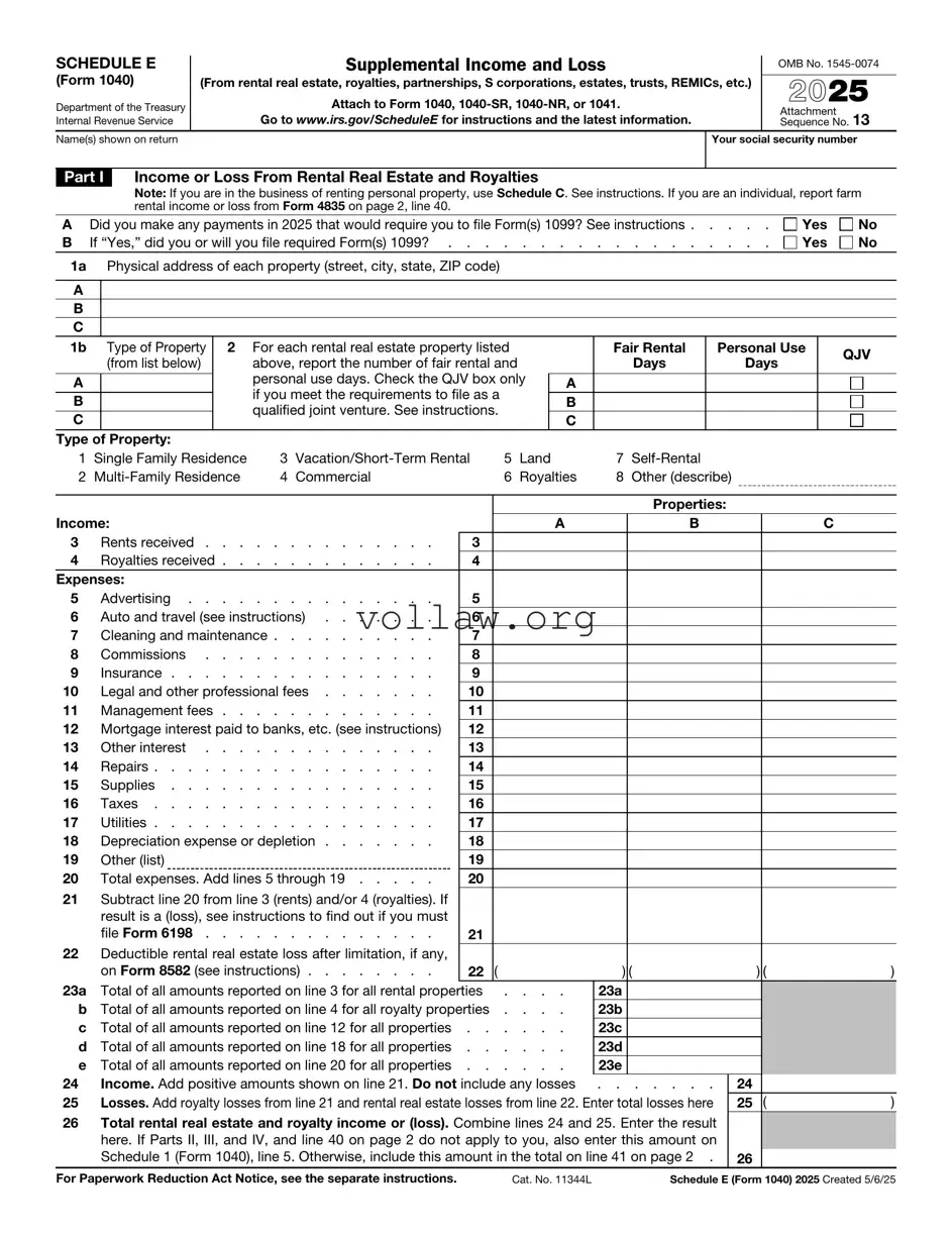 IRS Schedule E 1040 Template