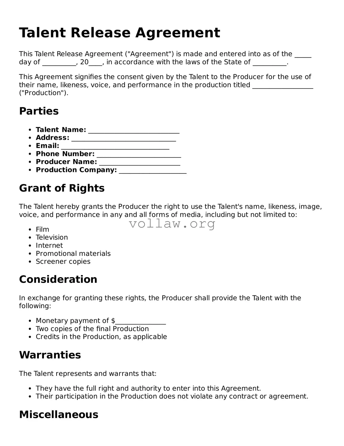 Free Talent Release Form