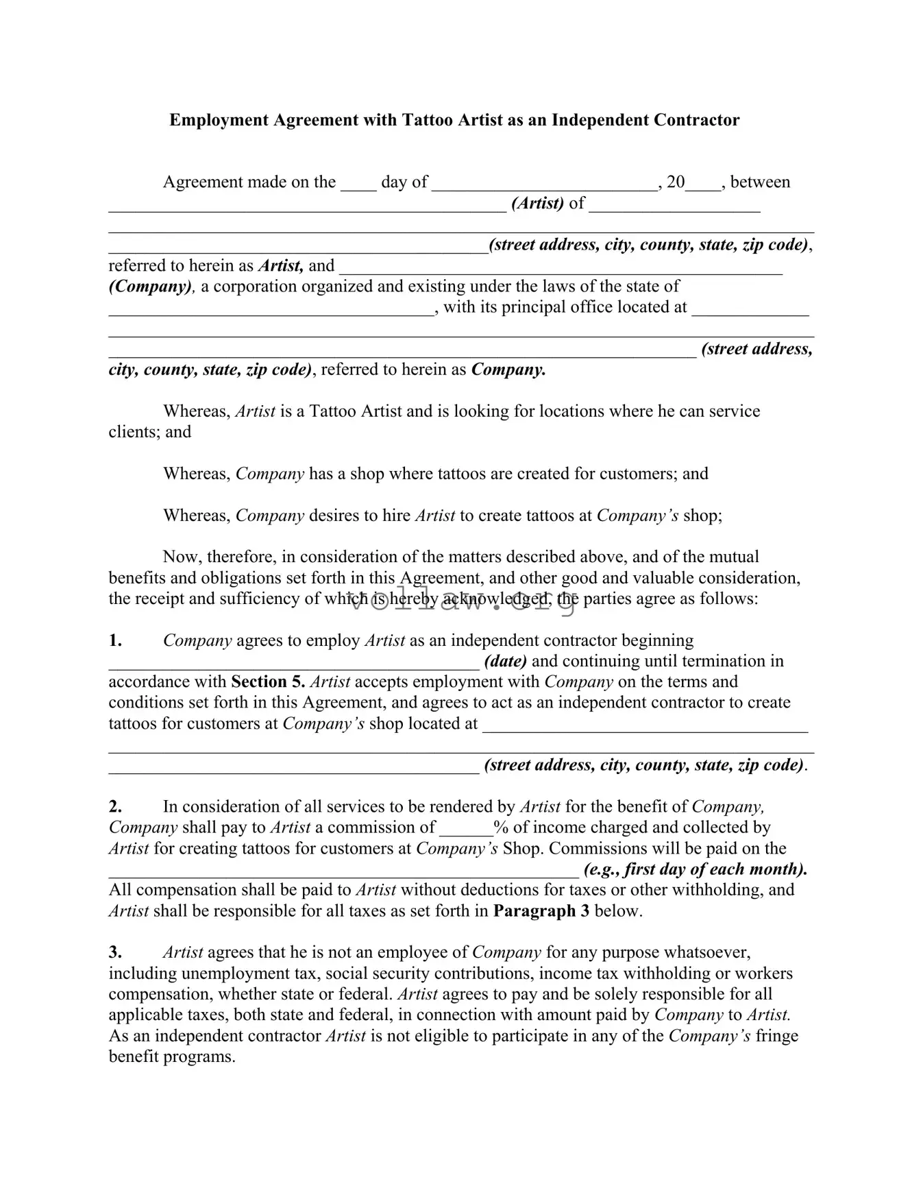 Tattoo Shop Artist Agreement Template