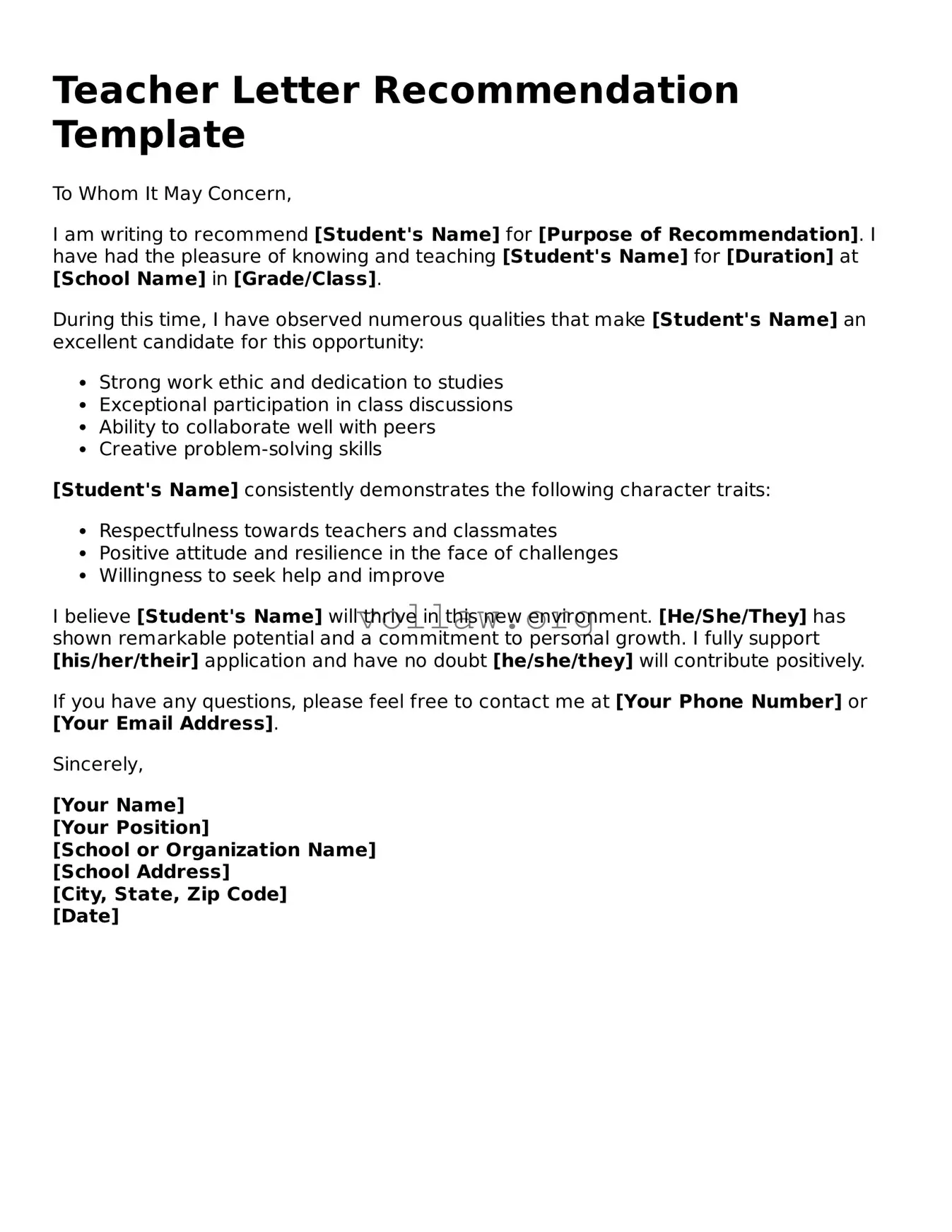 Free Teacher Letter Recommendation Form