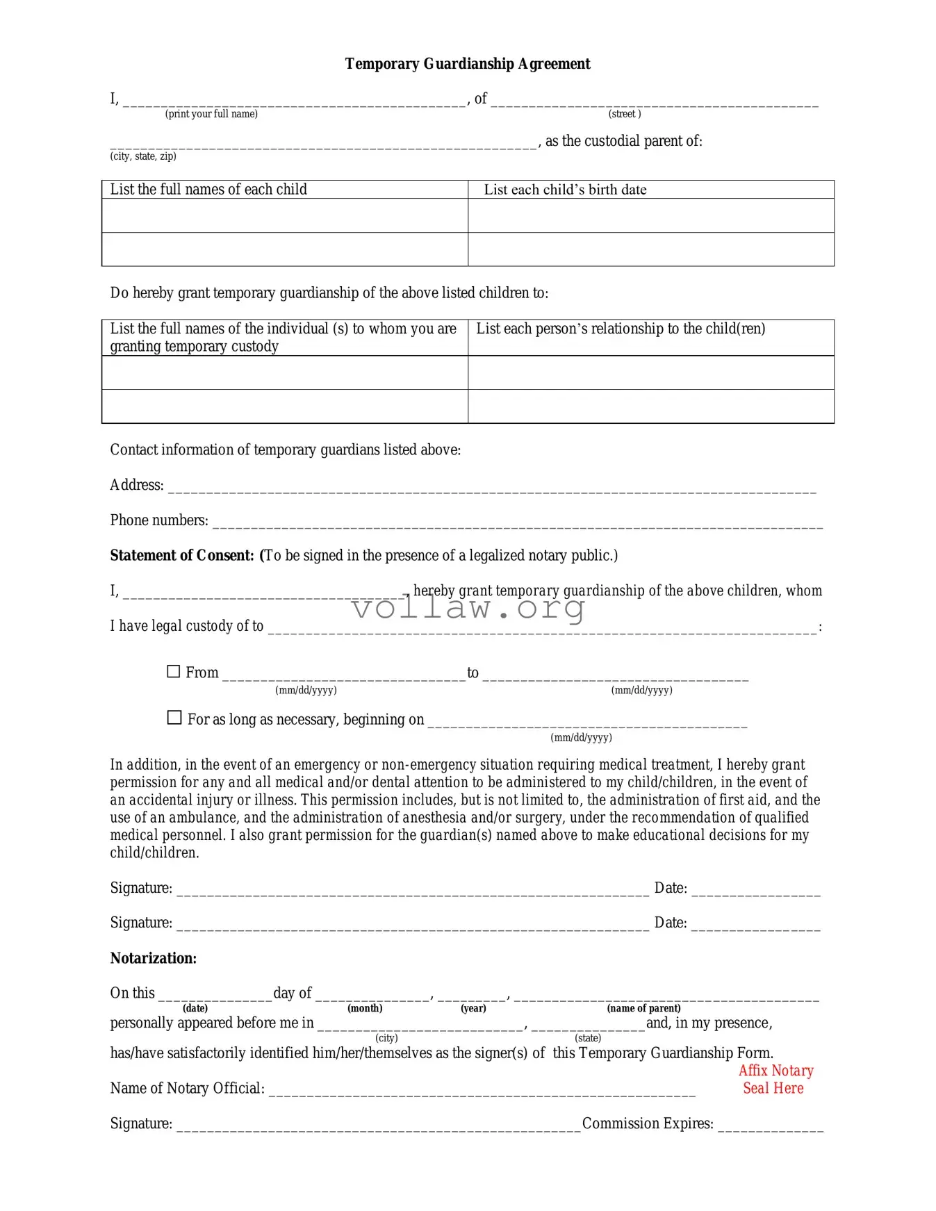 Temporary Custody Template