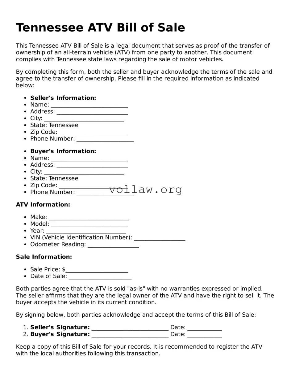 Attorney-Verified  ATV Bill of Sale Form for Tennessee