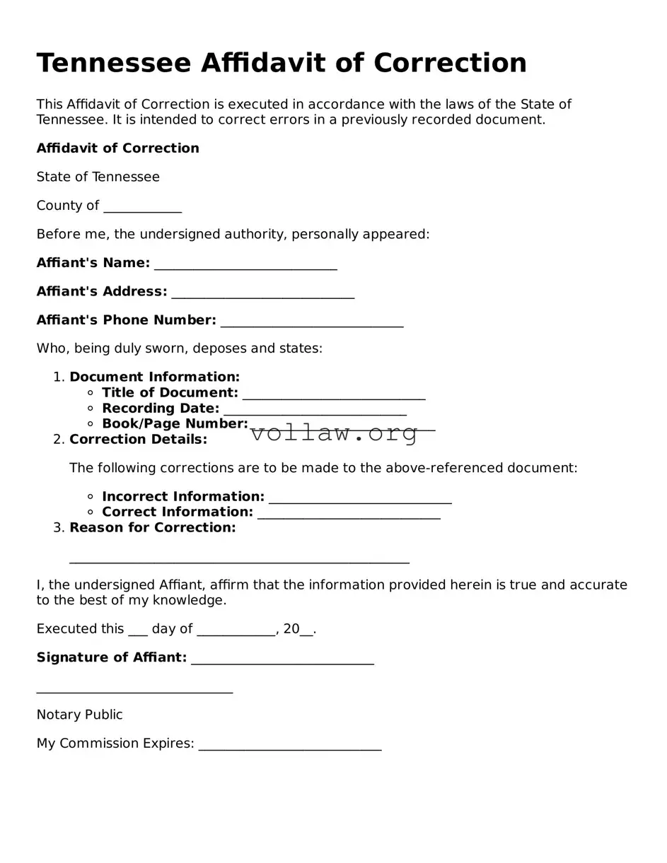 Attorney-Verified  Affidavit of Correction Form for Tennessee