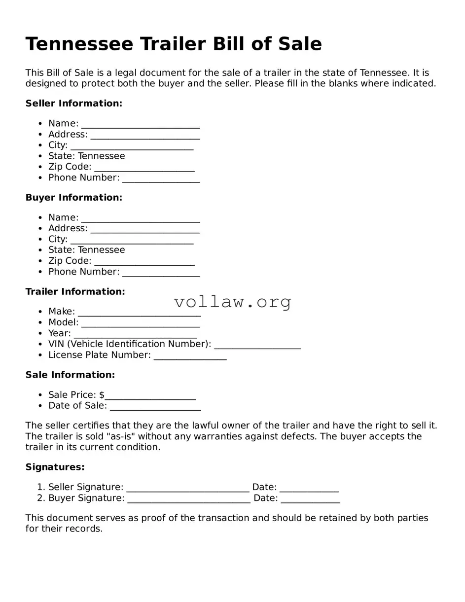 Attorney-Verified  Trailer Bill of Sale Form for Tennessee