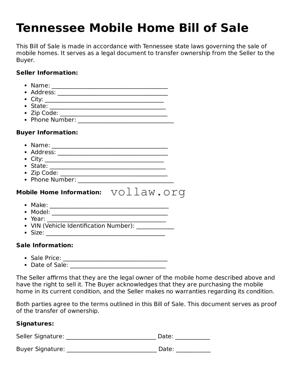 Attorney-Verified  Mobile Home Bill of Sale Form for Tennessee
