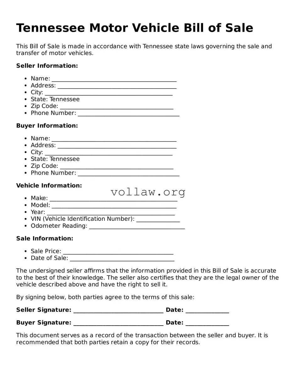 Attorney-Verified  Motor Vehicle Bill of Sale Form for Tennessee