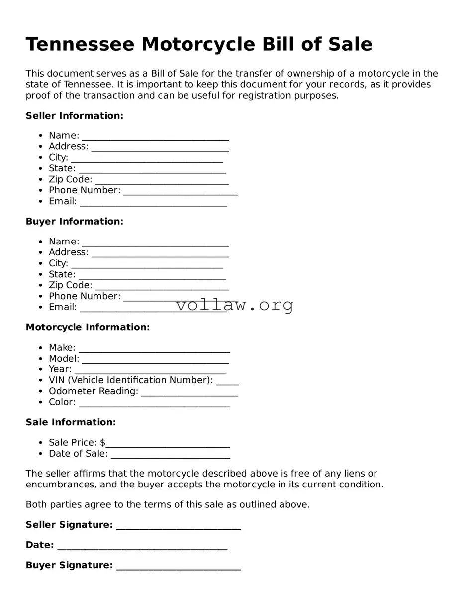 Attorney-Verified  Motorcycle Bill of Sale Form for Tennessee
