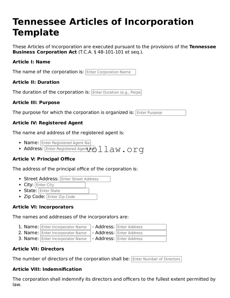 Attorney-Verified  Articles of Incorporation Form for Tennessee