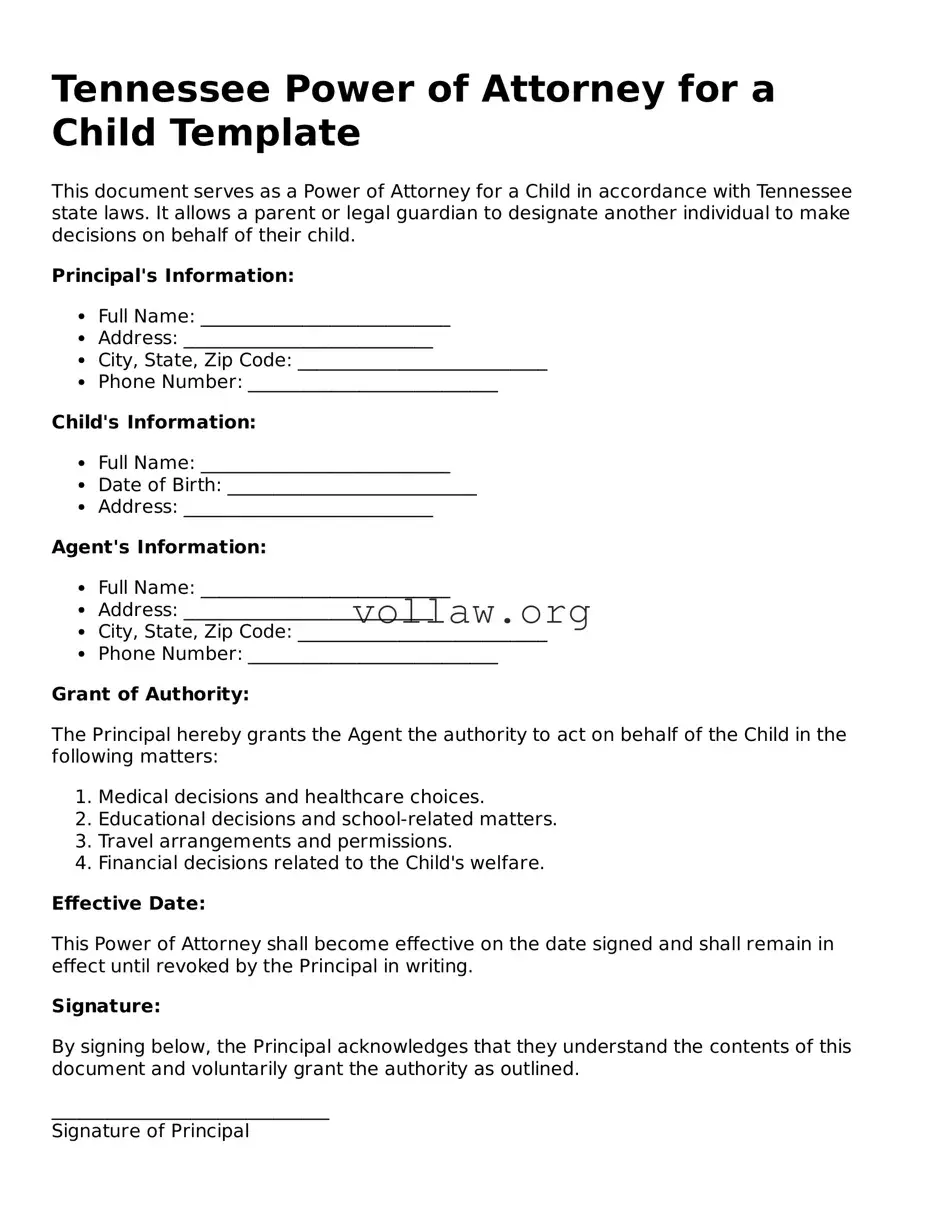 Attorney-Verified  Power of Attorney for a Child Form for Tennessee