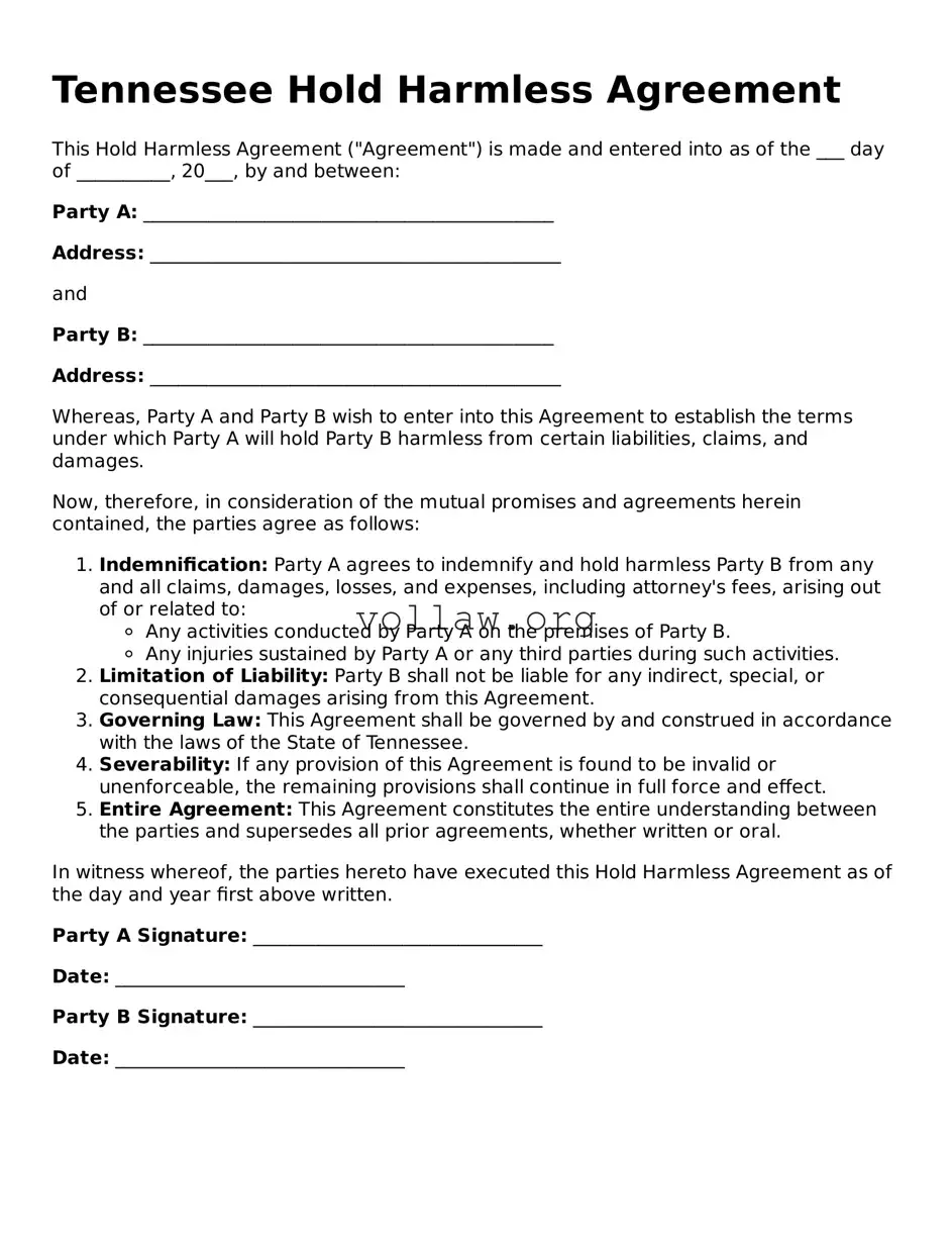 Attorney-Verified  Hold Harmless Agreement Form for Tennessee