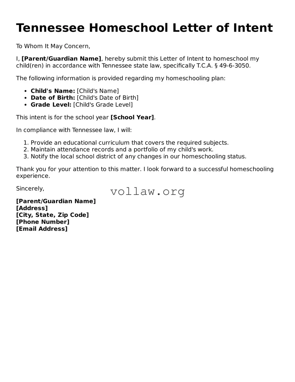Attorney-Verified  Homeschool Letter of Intent Form for Tennessee