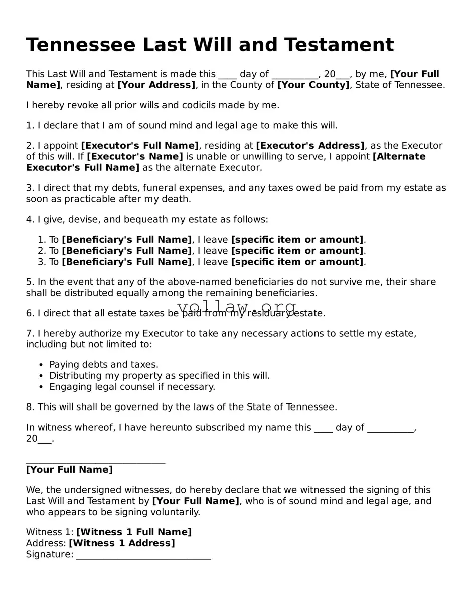 Attorney-Verified  Last Will and Testament Form for Tennessee