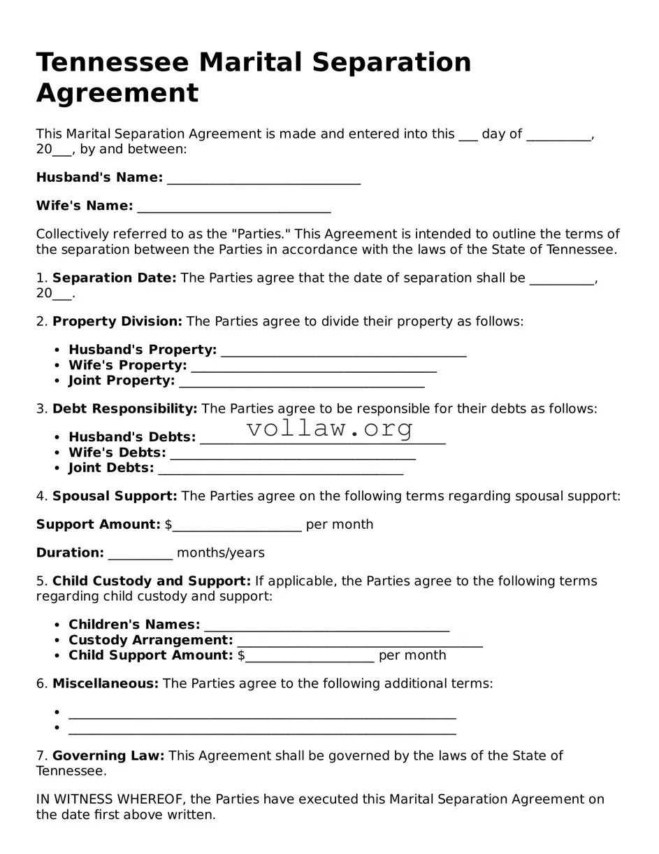 Attorney-Verified  Marital Separation Agreement Form for Tennessee