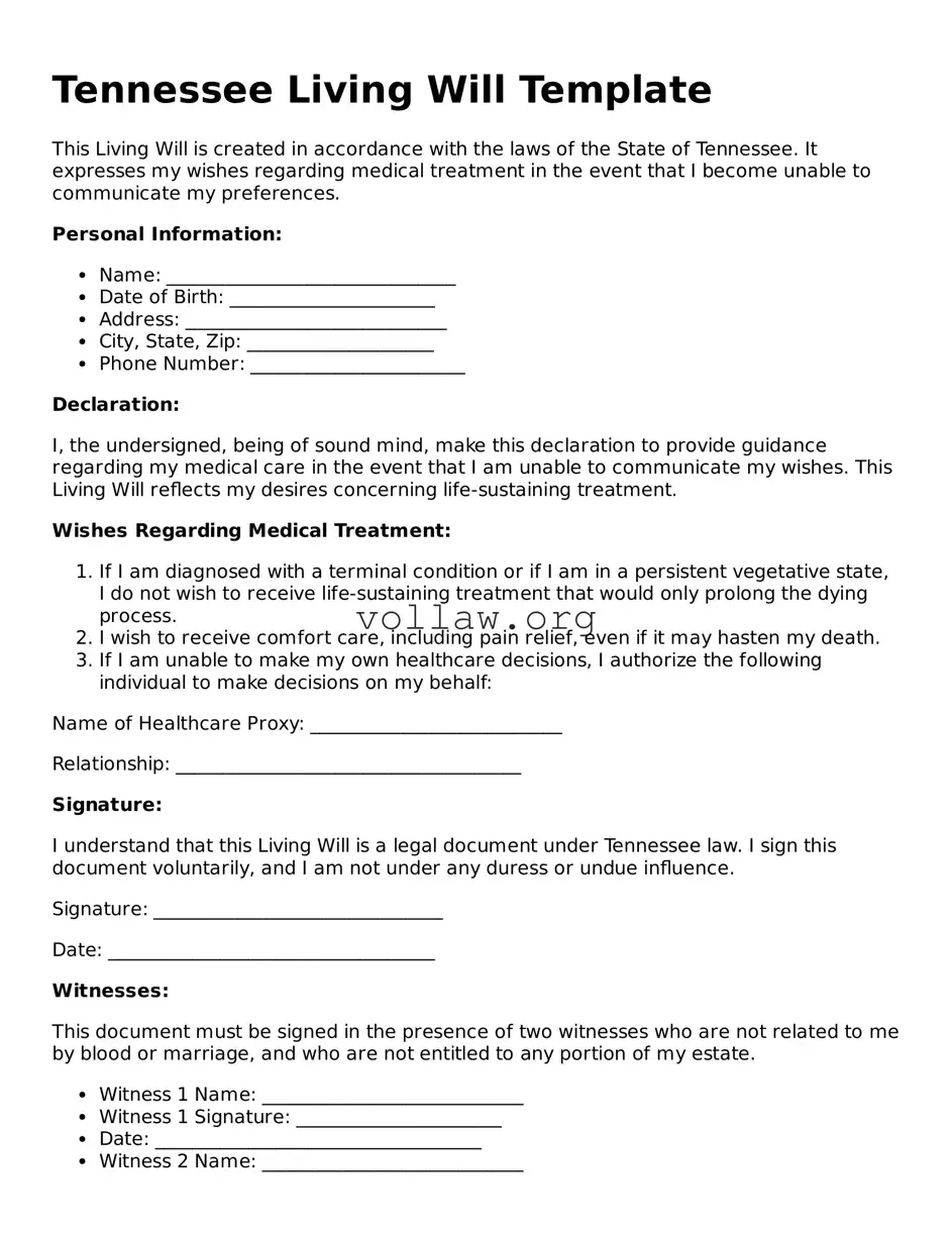 Attorney-Verified  Living Will Form for Tennessee