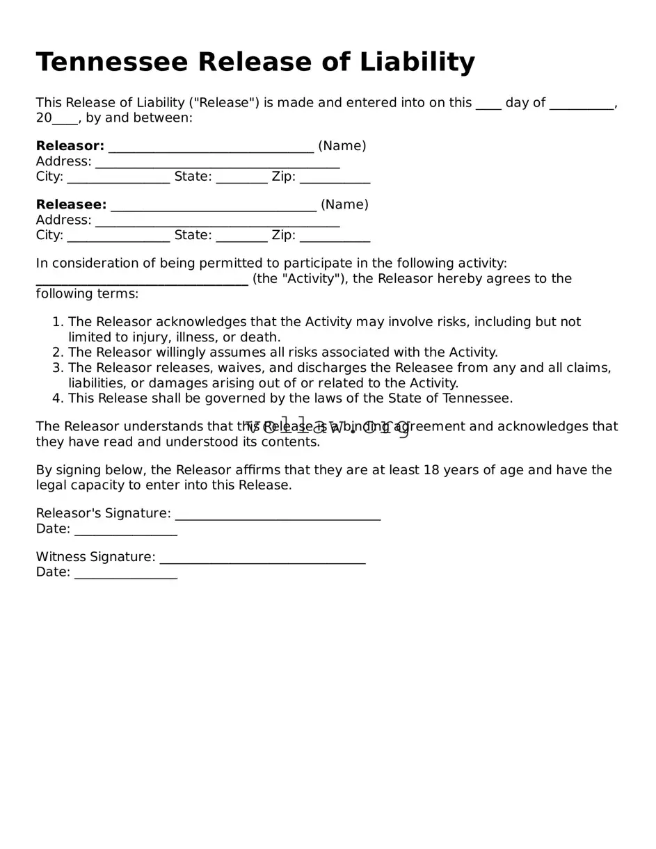 Attorney-Verified  Release of Liability Form for Tennessee