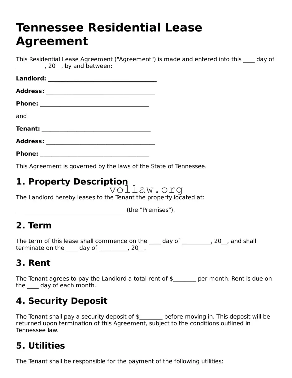 Attorney-Verified  Residential Lease Agreement Form for Tennessee