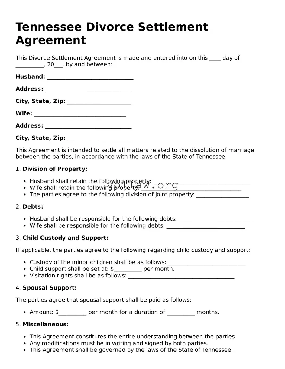 Attorney-Verified  Divorce Settlement Agreement Form for Tennessee
