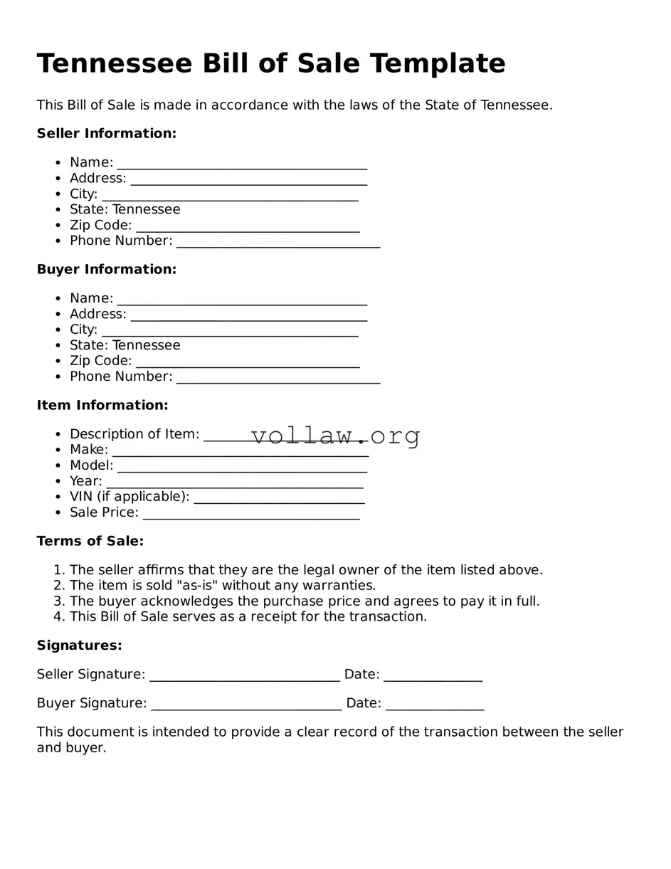 Attorney-Verified  Bill of Sale Form for Tennessee