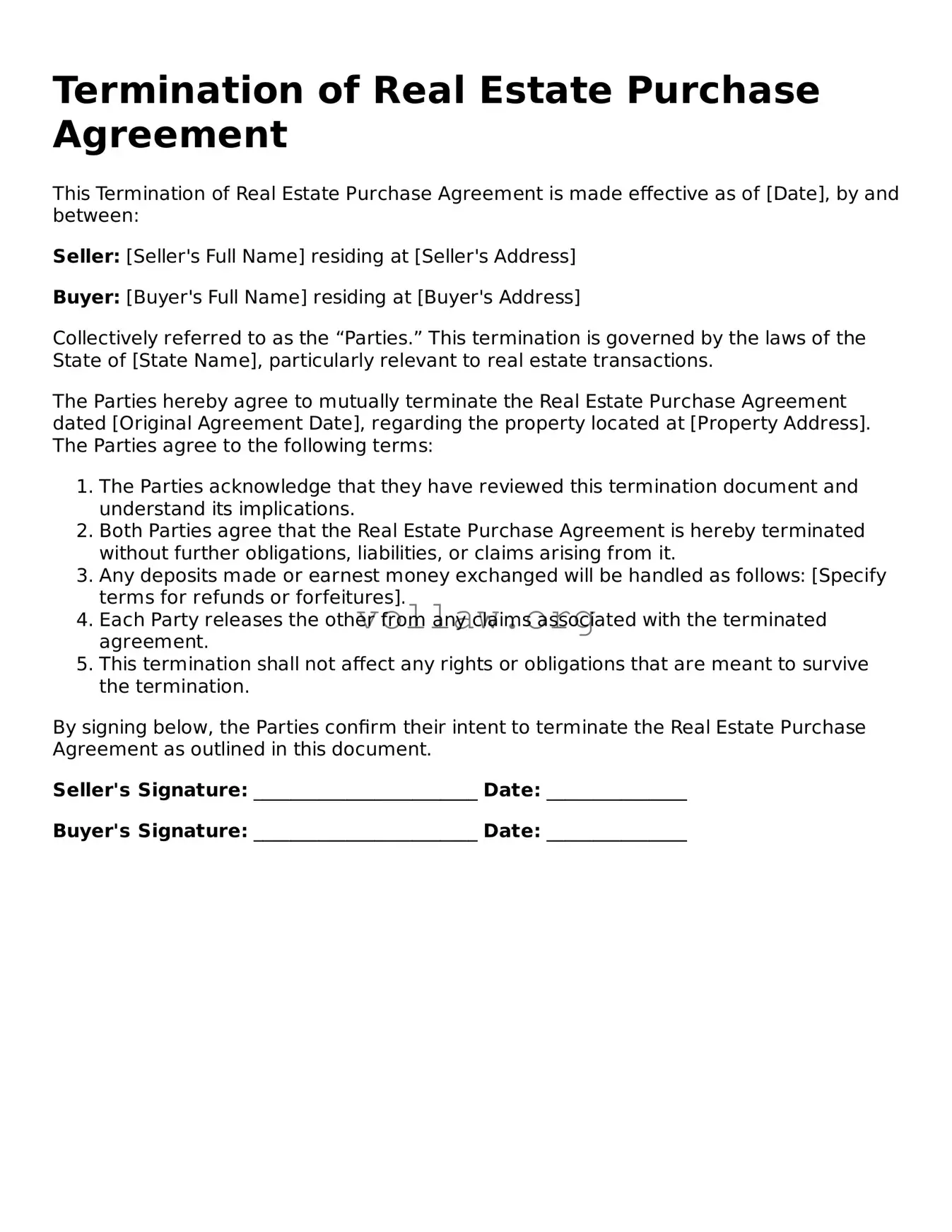 Free Termination of Real Estate Purchase Agreement Form