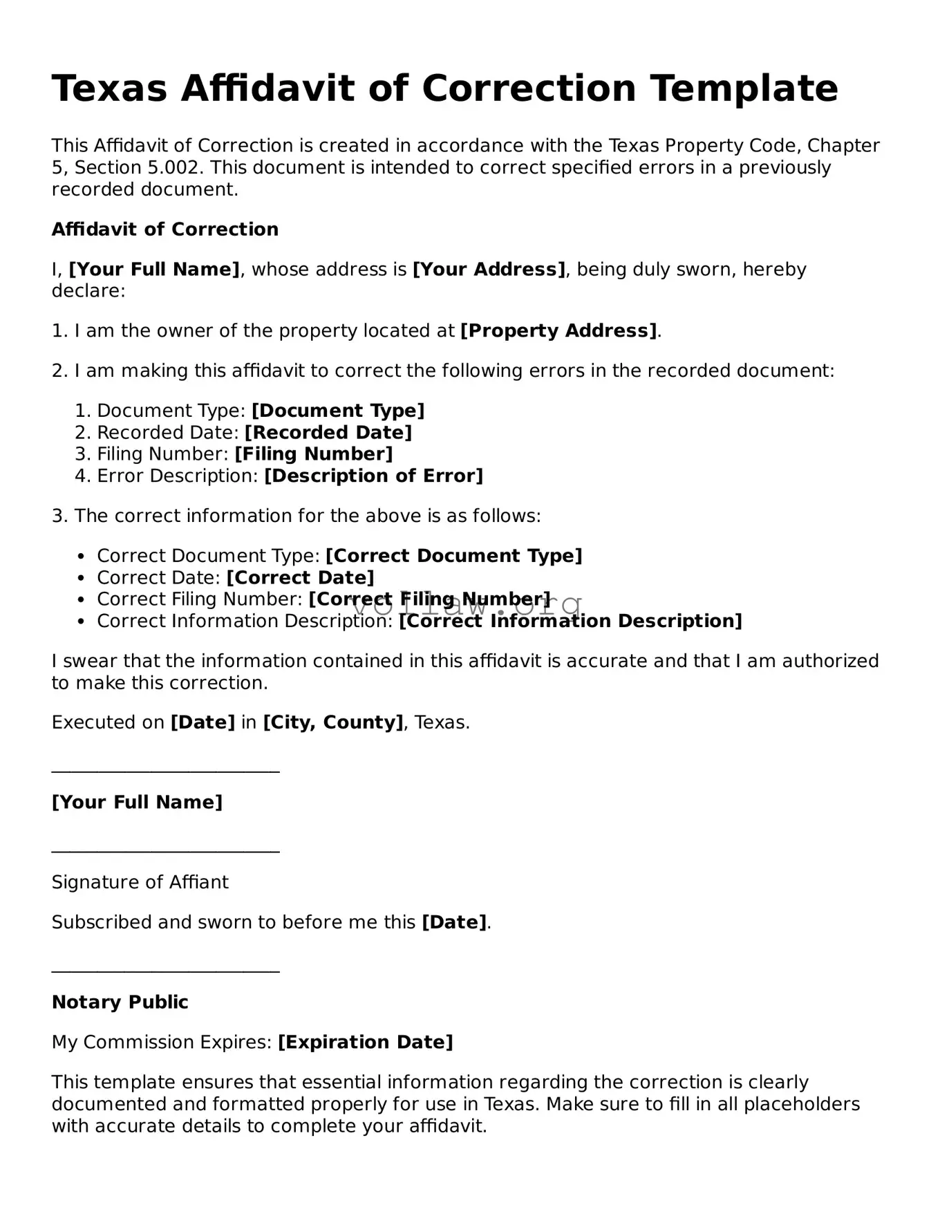 Attorney-Verified  Affidavit of Correction Form for Texas