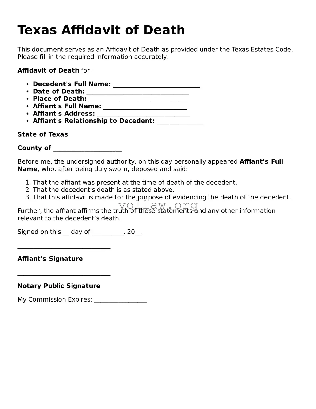 Attorney-Verified  Affidavit of Death Form for Texas