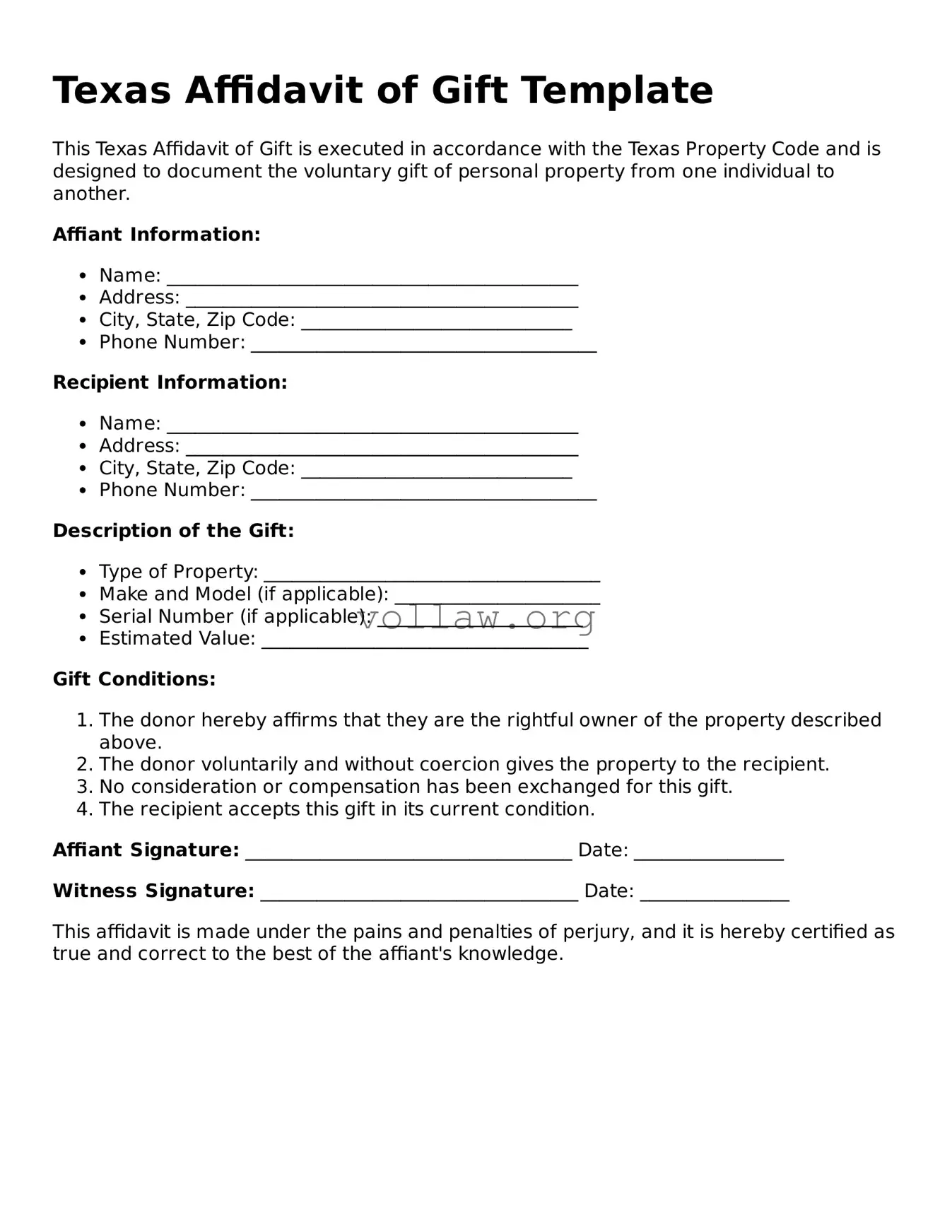 Attorney-Verified  Affidavit of Gift Form for Texas