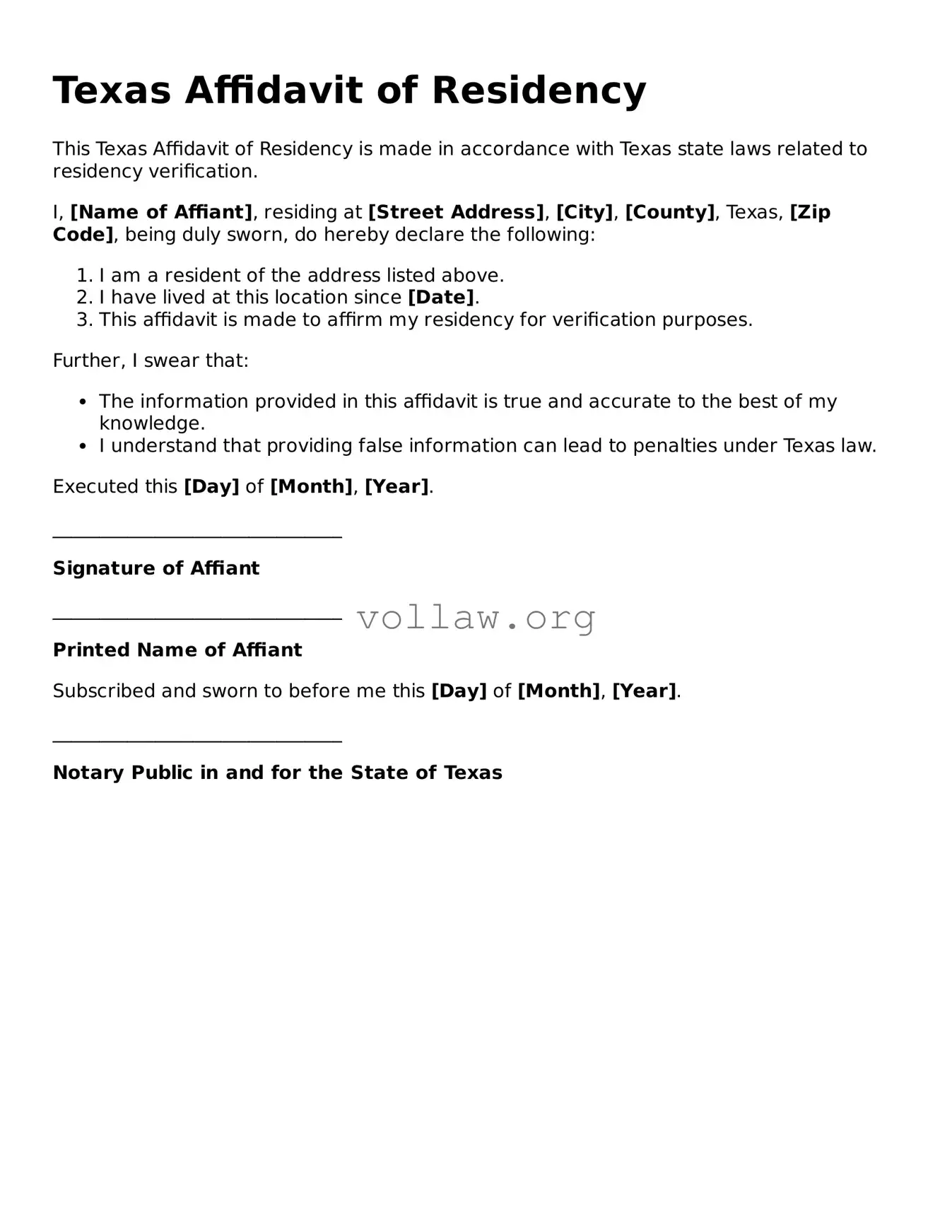 Attorney-Verified  Affidavit of Residency Form for Texas