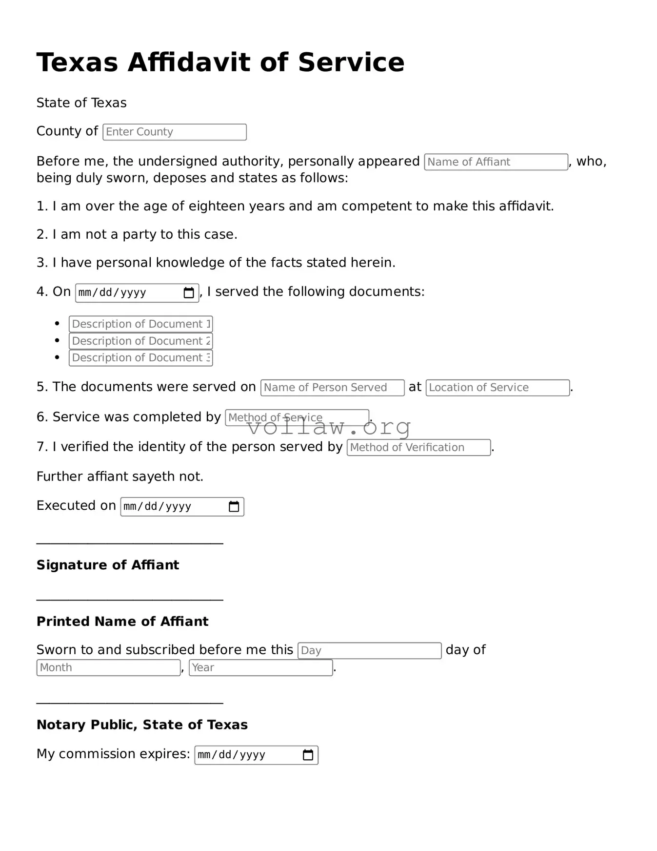 Attorney-Verified  Affidavit of Service Form for Texas