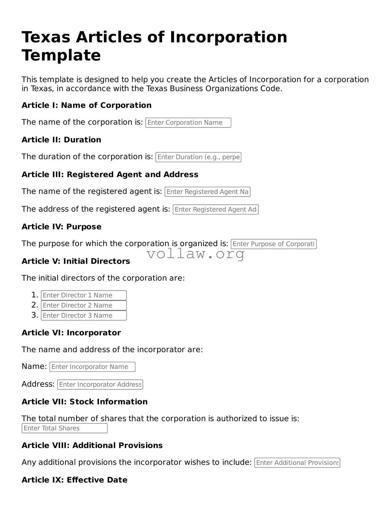 Attorney-Verified  Articles of Incorporation Form for Texas