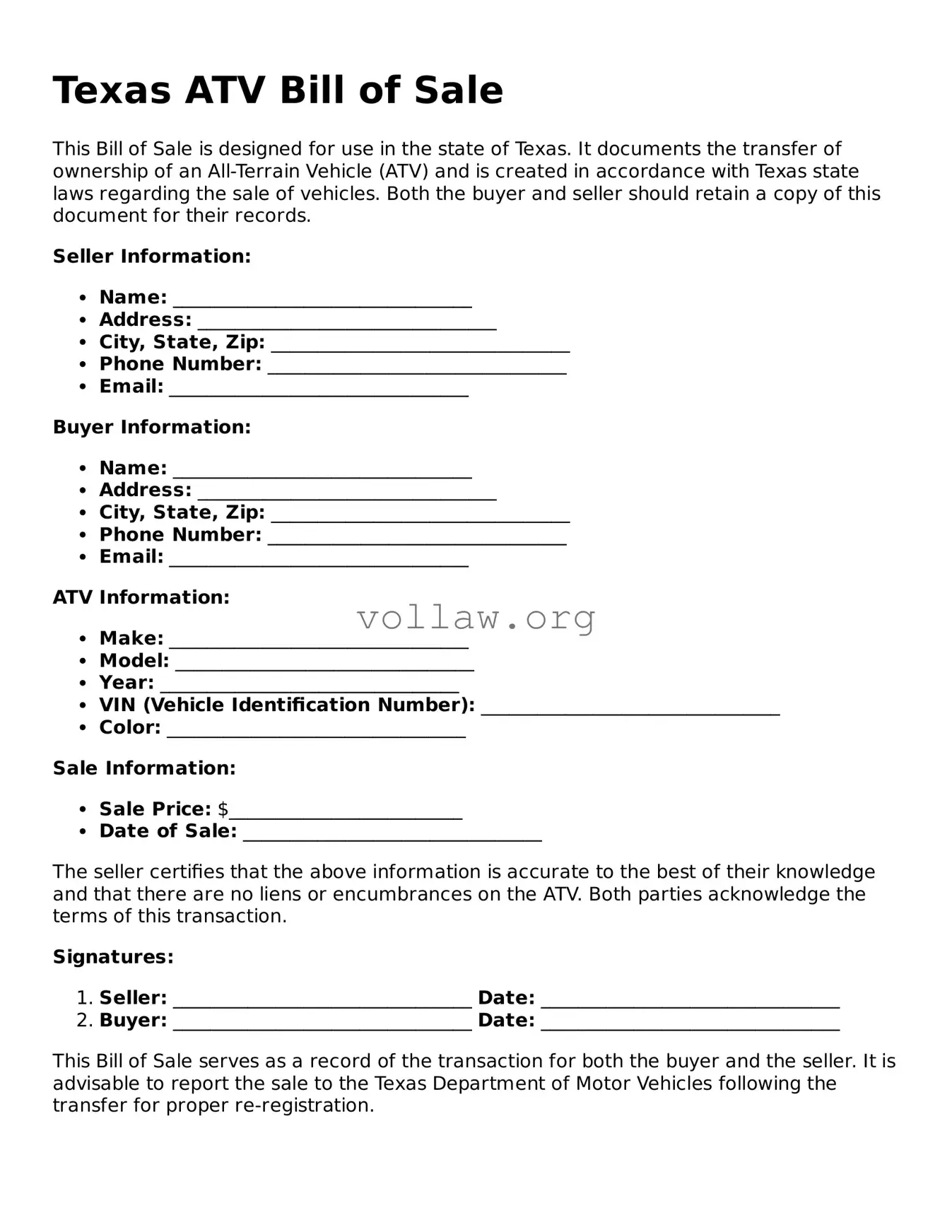 Attorney-Verified  ATV Bill of Sale Form for Texas