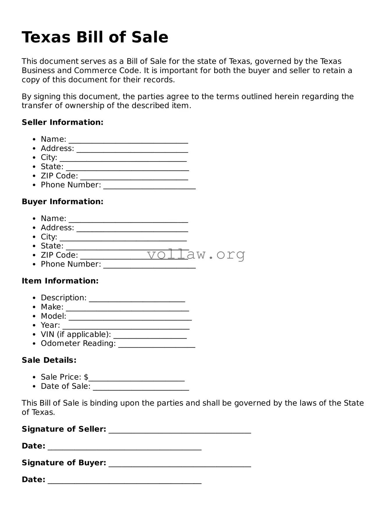 Attorney-Verified  Bill of Sale Form for Texas