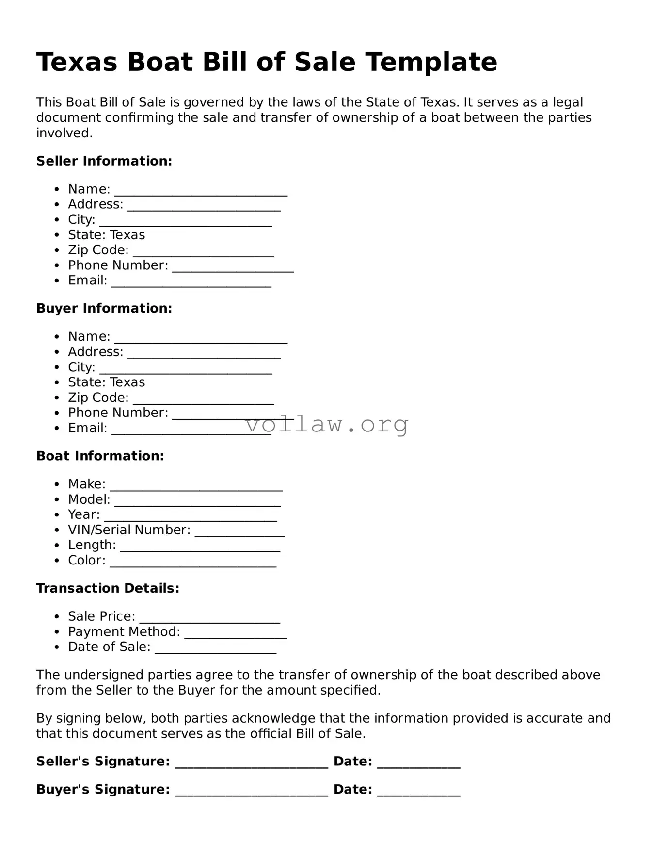 Attorney-Verified  Boat Bill of Sale Form for Texas
