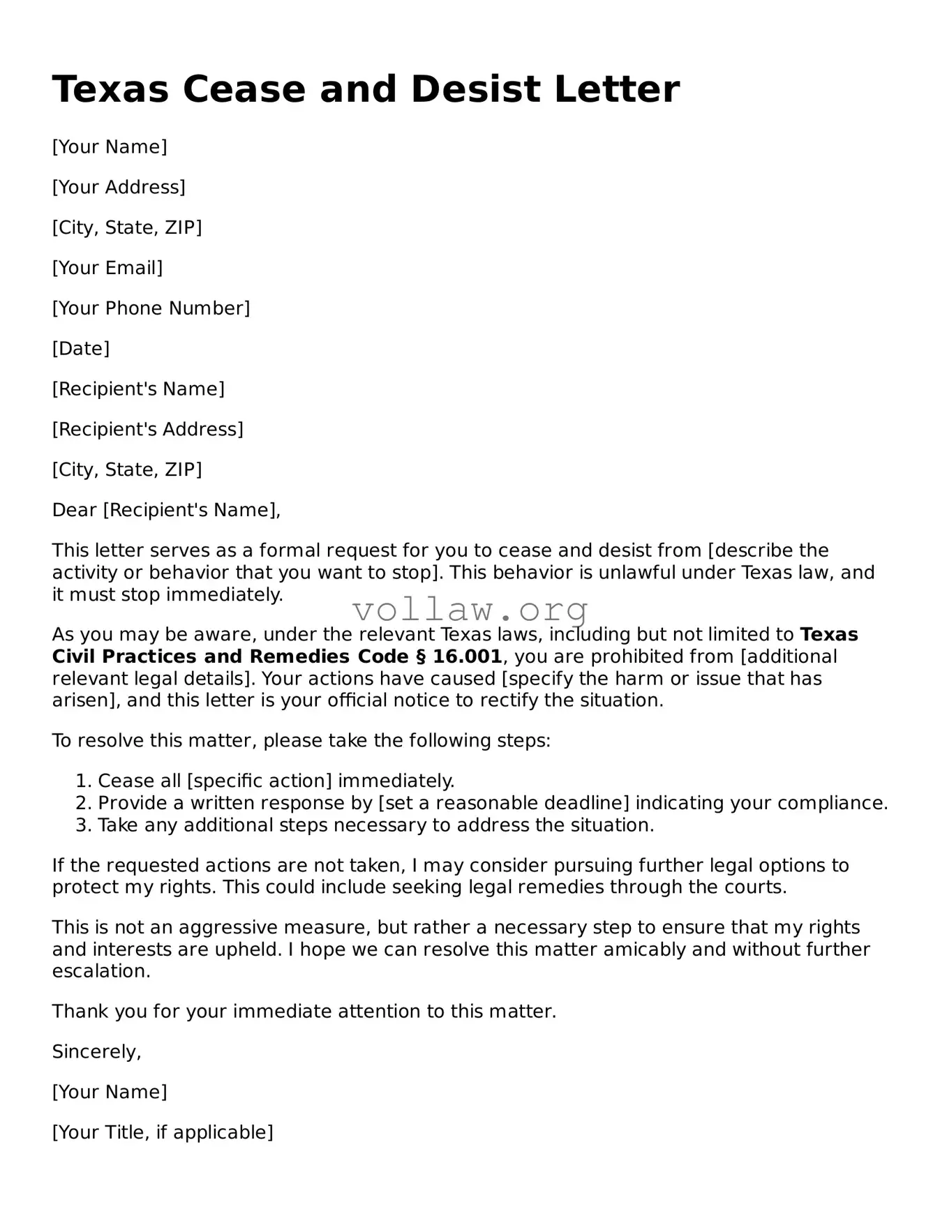 Attorney-Verified  Cease and Desist Letter Form for Texas