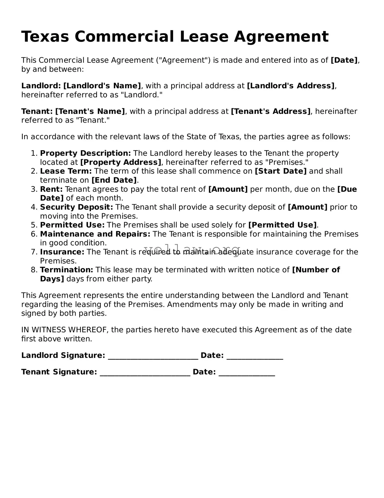 Attorney-Verified  Commercial Lease Agreement Form for Texas