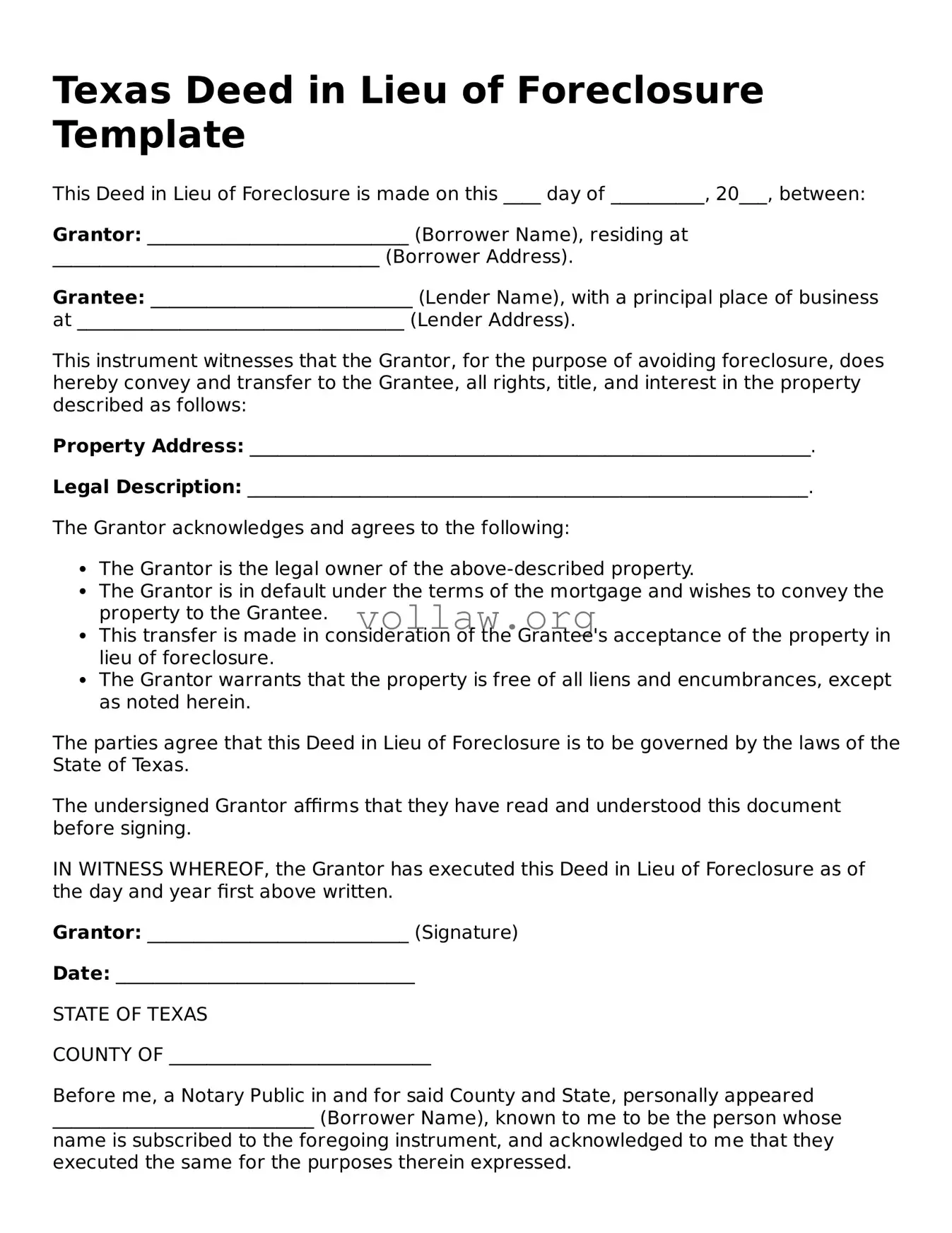 Attorney-Verified  Deed in Lieu of Foreclosure Form for Texas