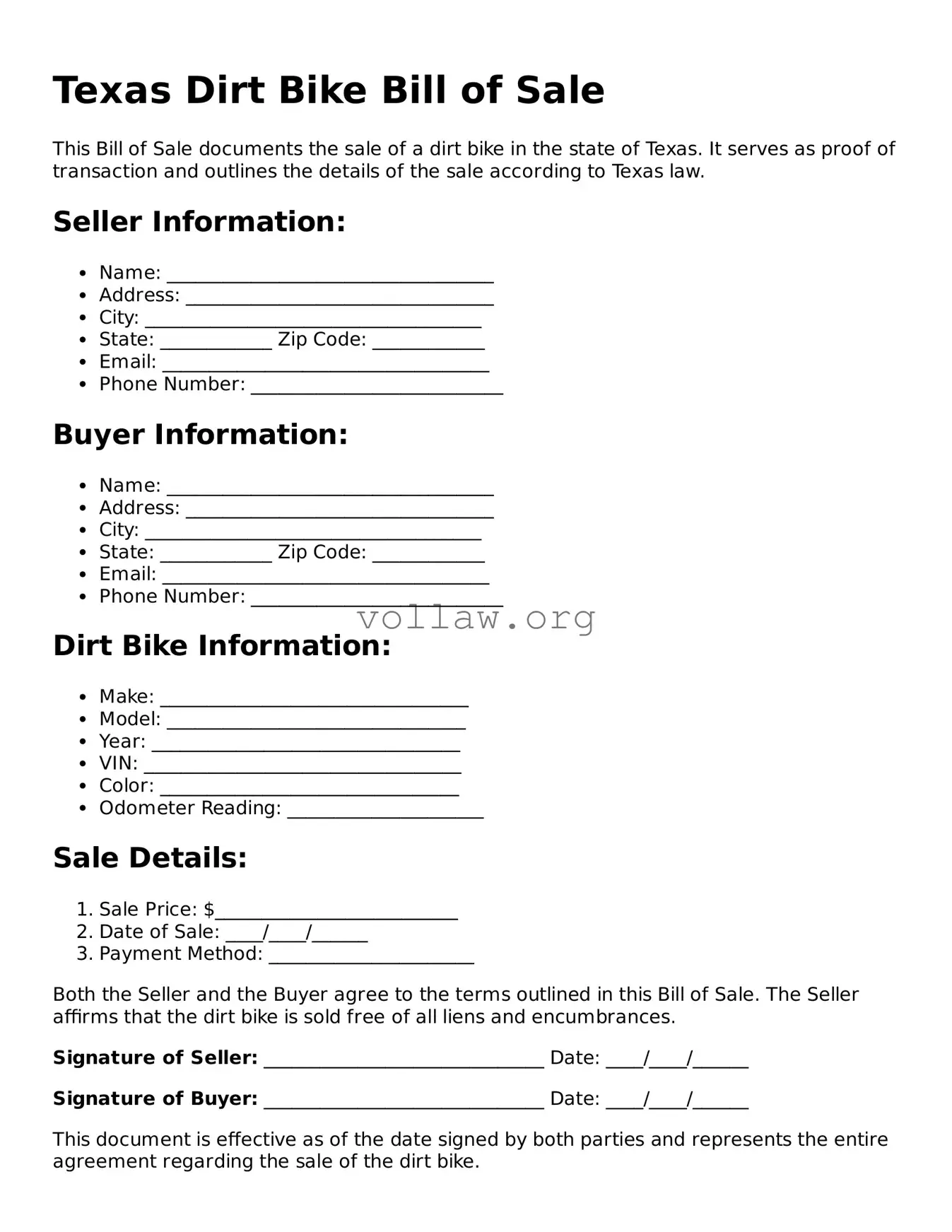 Attorney-Verified  Dirt Bike Bill of Sale Form for Texas