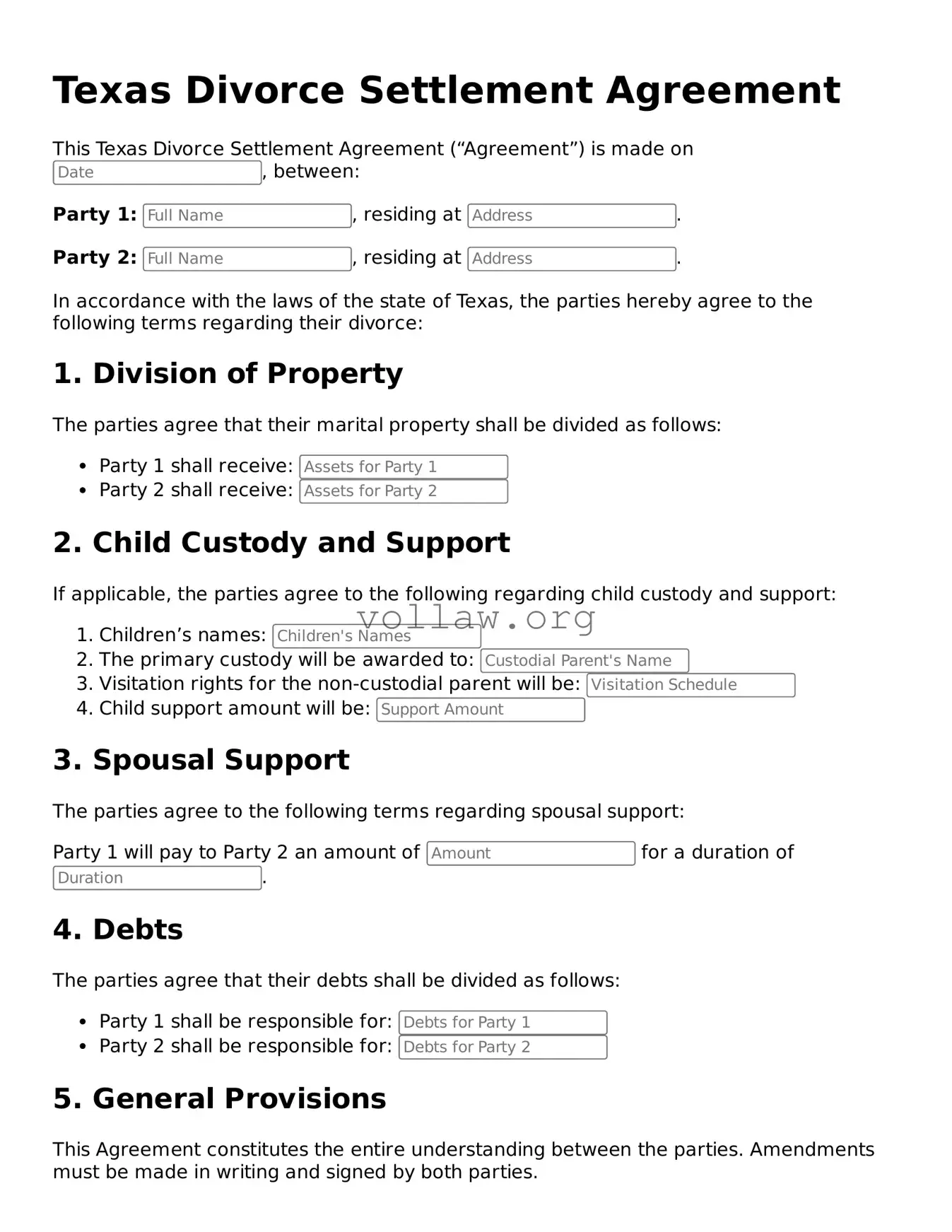 Attorney-Verified  Divorce Settlement Agreement Form for Texas