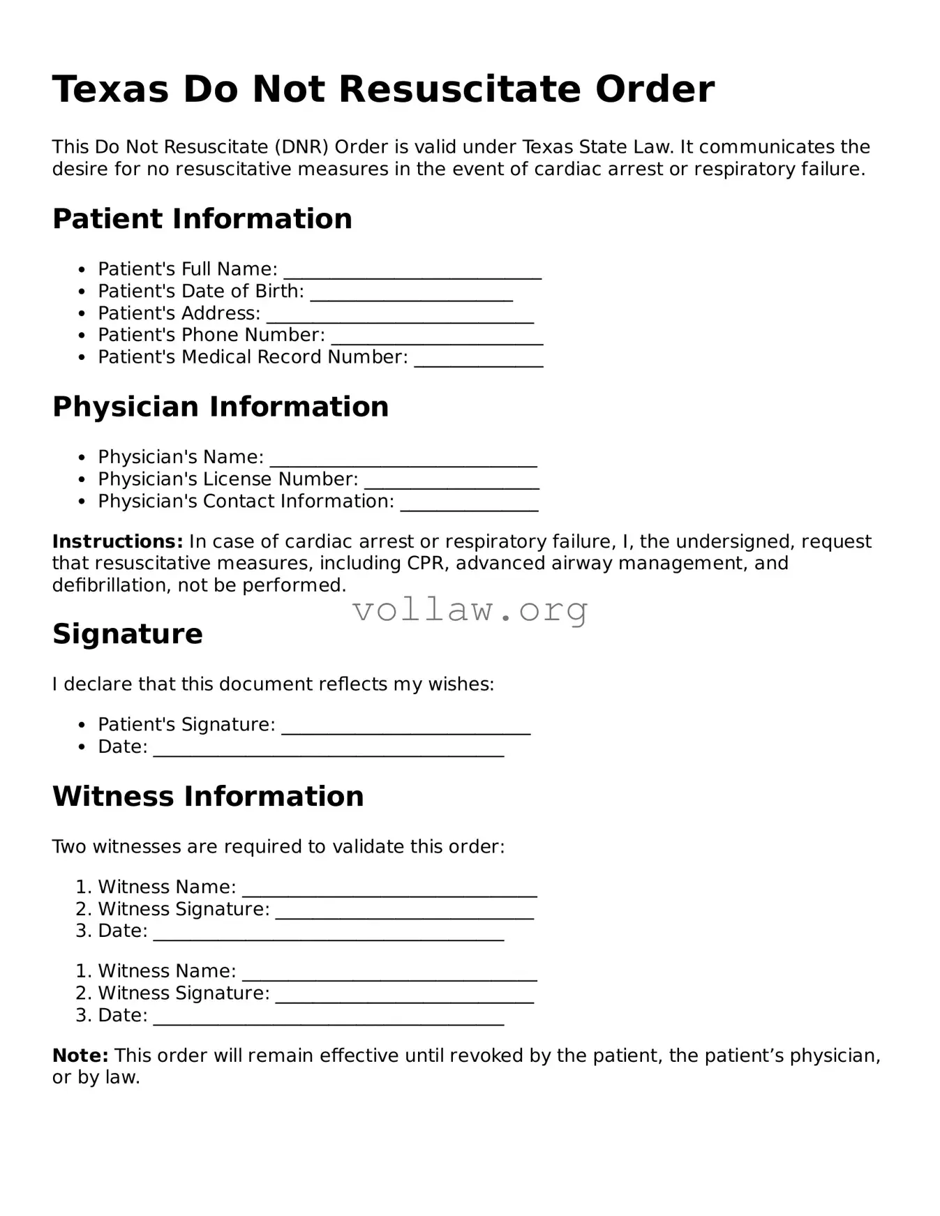 Attorney-Verified  Do Not Resuscitate Order Form for Texas