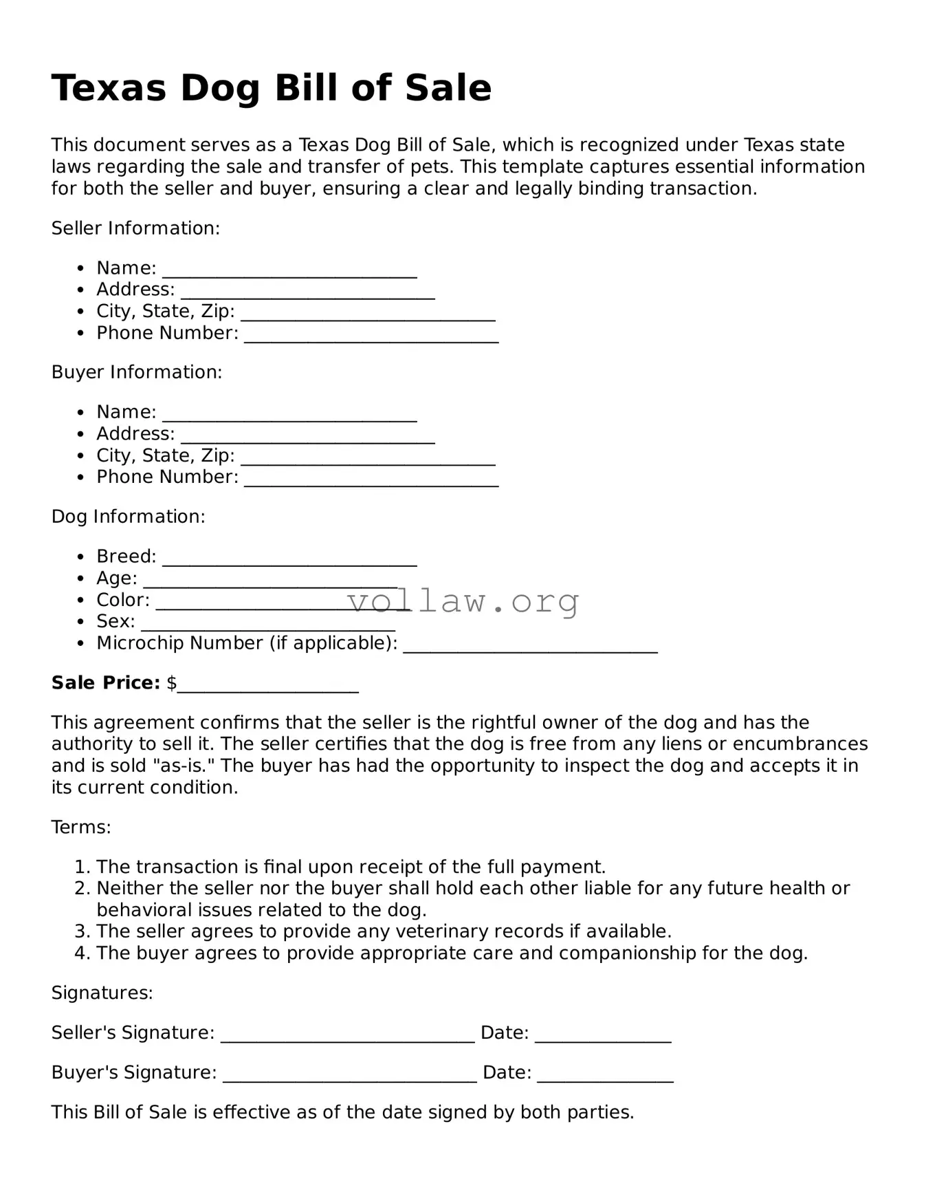 Attorney-Verified  Dog Bill of Sale Form for Texas