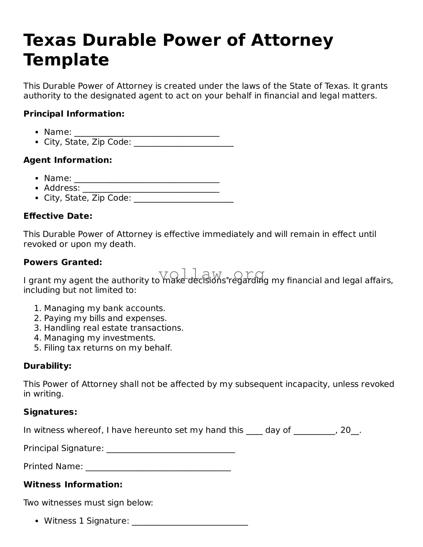 Attorney-Verified  Durable Power of Attorney Form for Texas
