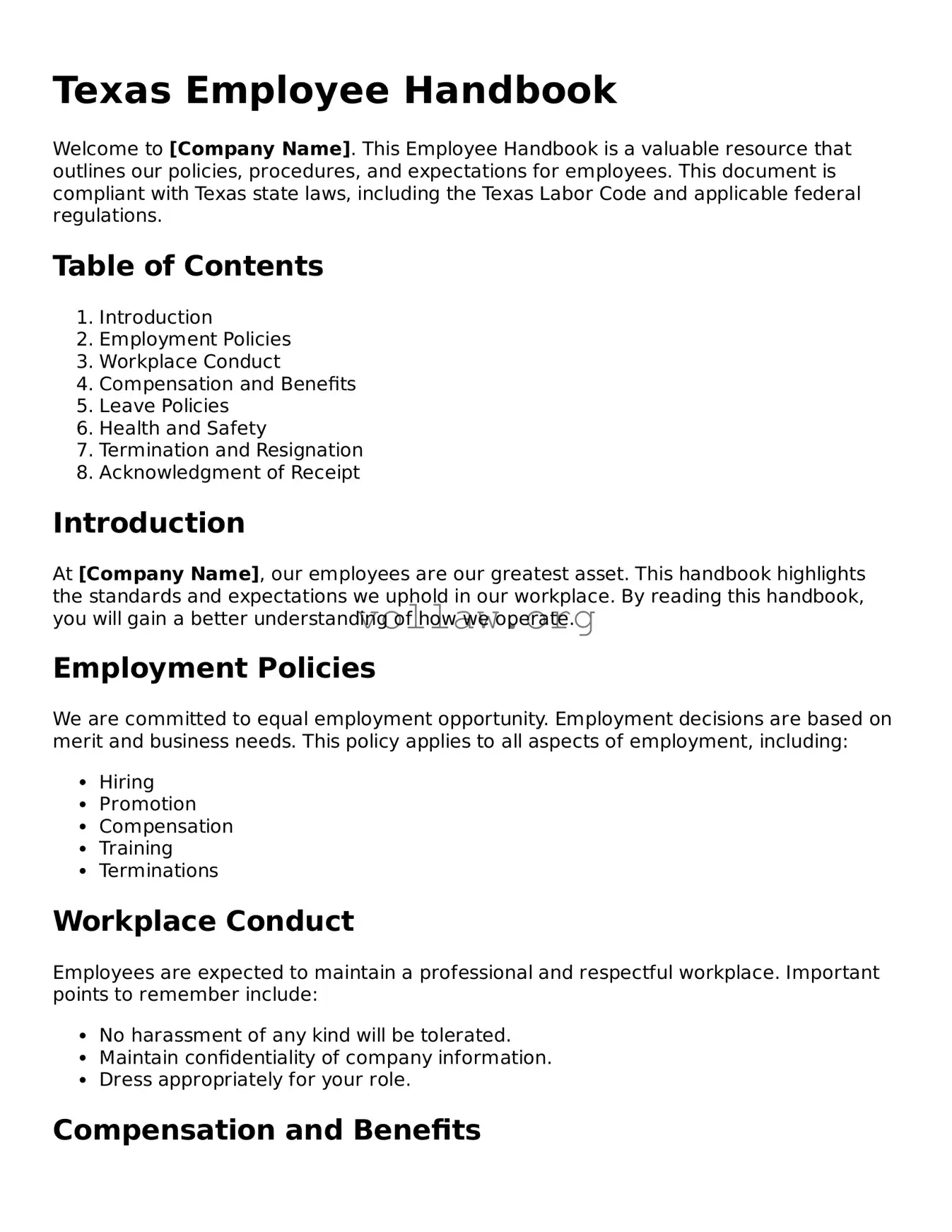 Attorney-Verified  Employee Handbook Form for Texas