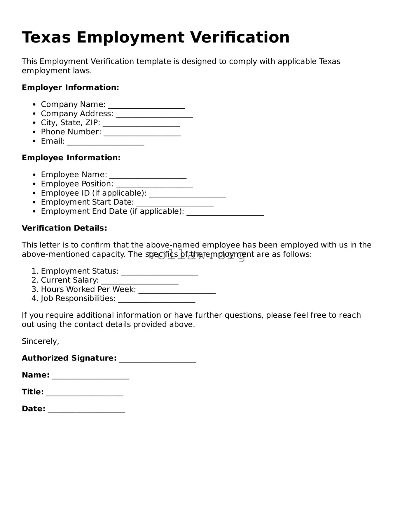 Attorney-Verified  Employment Verification Form for Texas