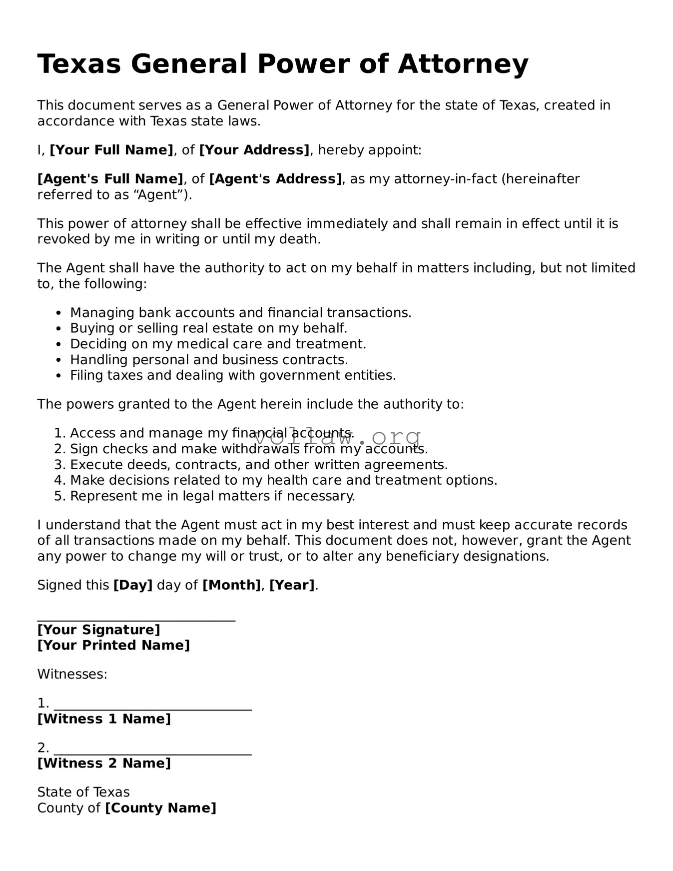 Attorney-Verified  General Power of Attorney Form for Texas