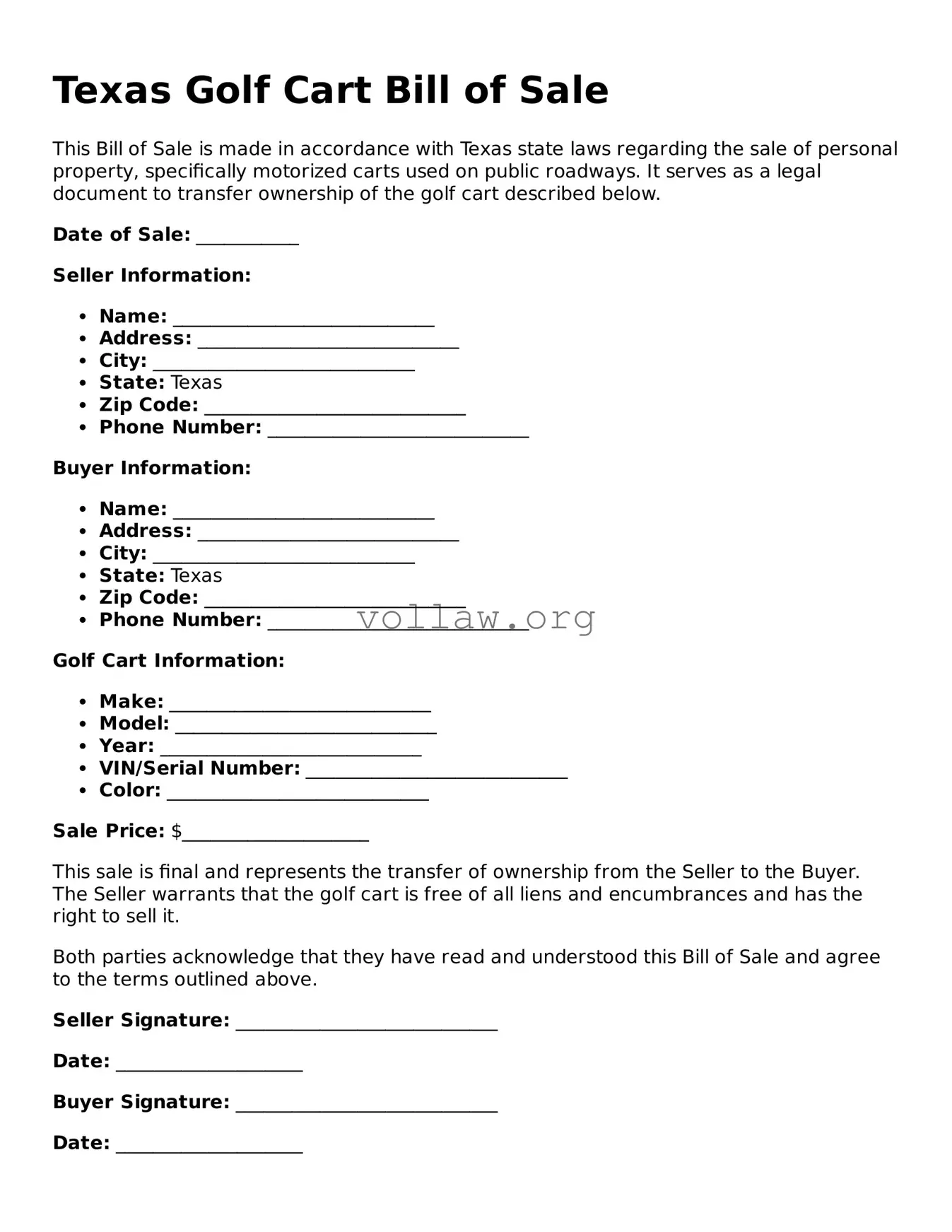 Attorney-Verified  Golf Cart Bill of Sale Form for Texas