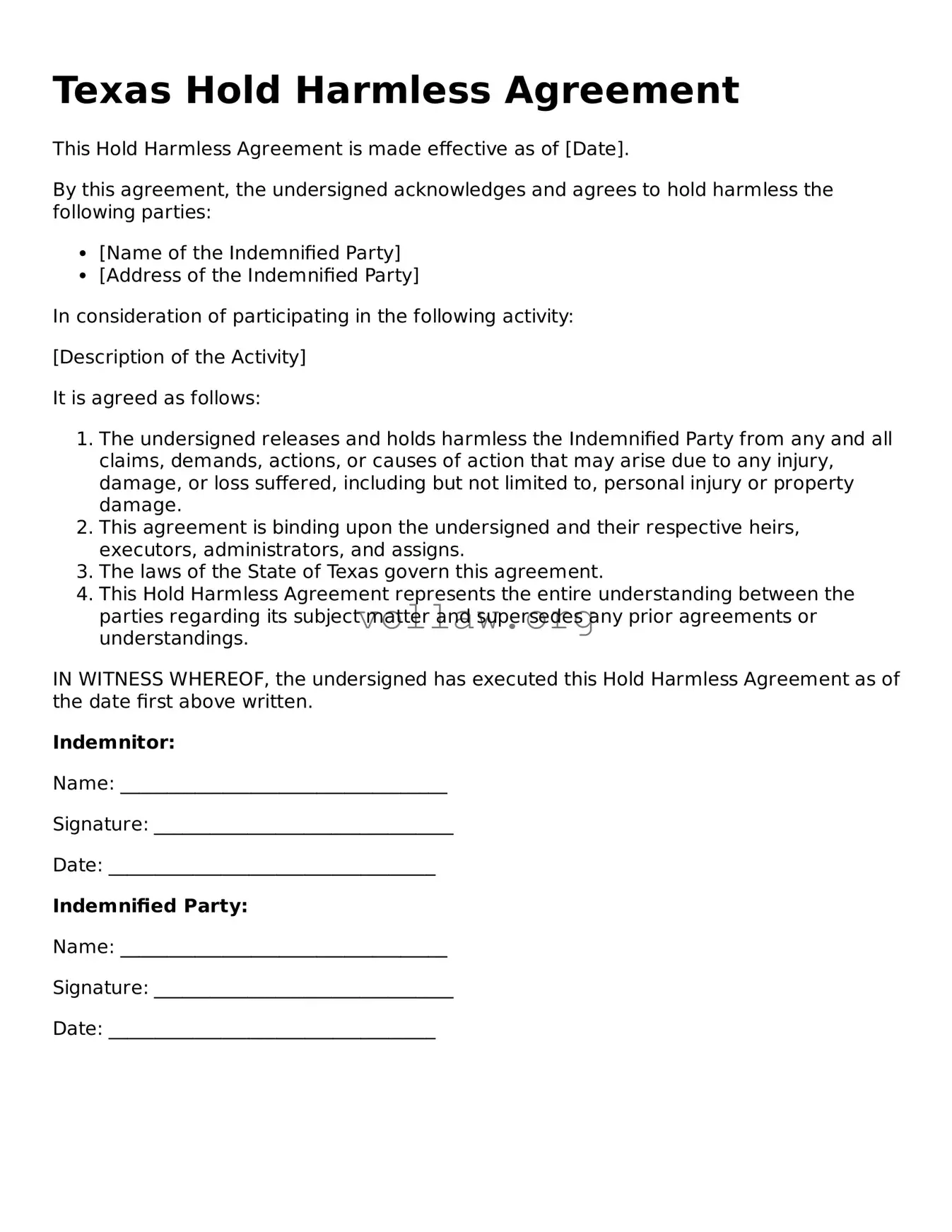 Attorney-Verified  Hold Harmless Agreement Form for Texas